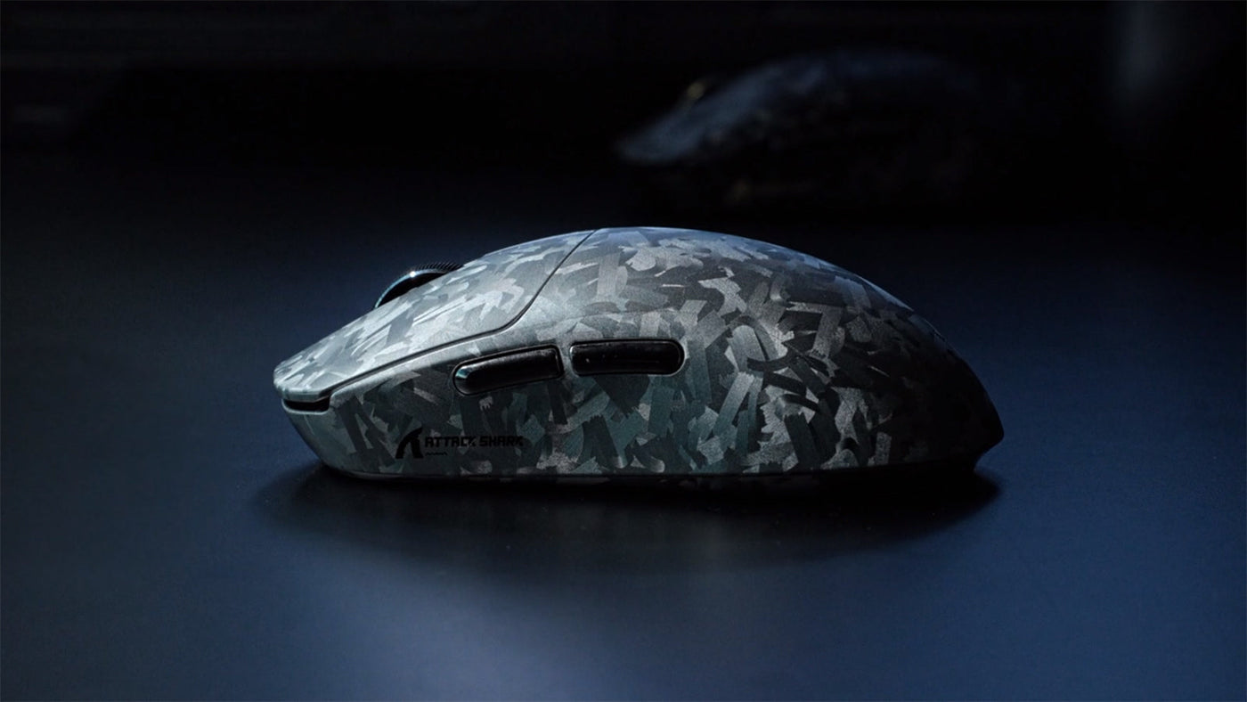 Side view of ATTACK SHARK RS3 ULTRA carbon fiber wireless gaming mouse in silver and black