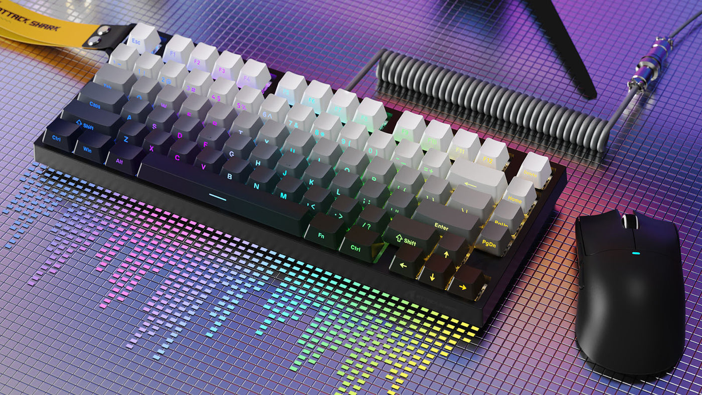 ATTACK SHARK compact mechanical gaming keyboard with gradient keycaps and wireless gaming mouse on RGB desk mat
