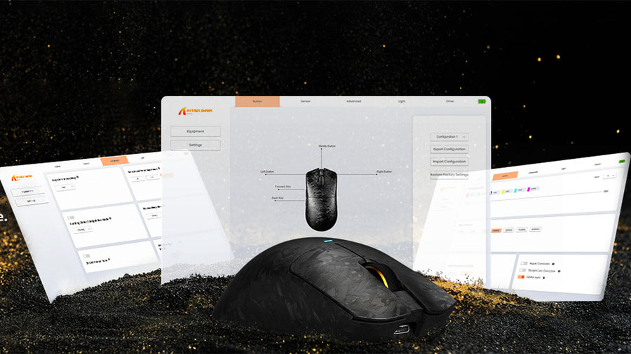 ATTACK SHARK mouse configuration software interface displayed behind a wireless gaming mouse on a dark textured background