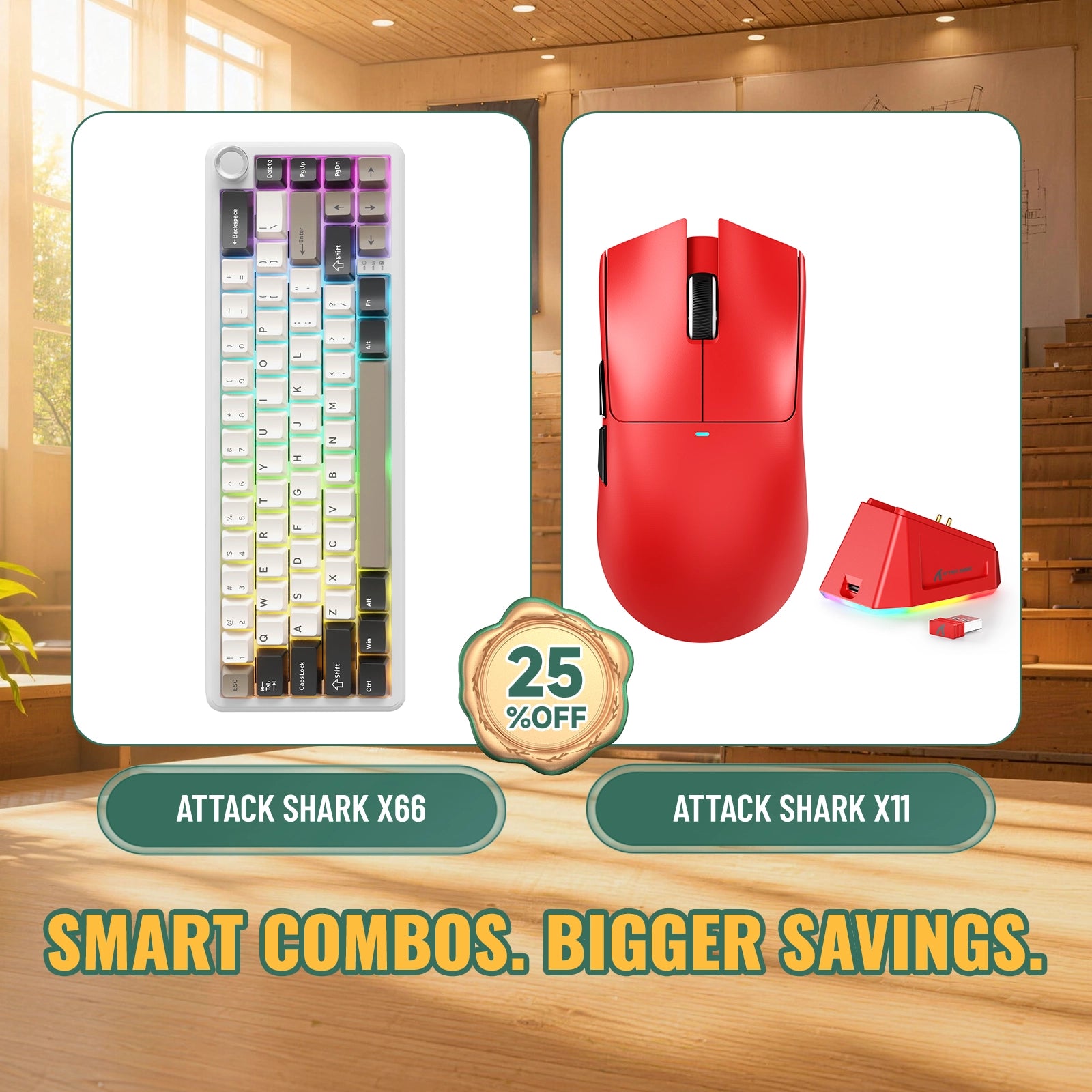 ATTACK SHARK X66 무선 기계식 키보드 + X11 무선 게이밍 마우스 번들