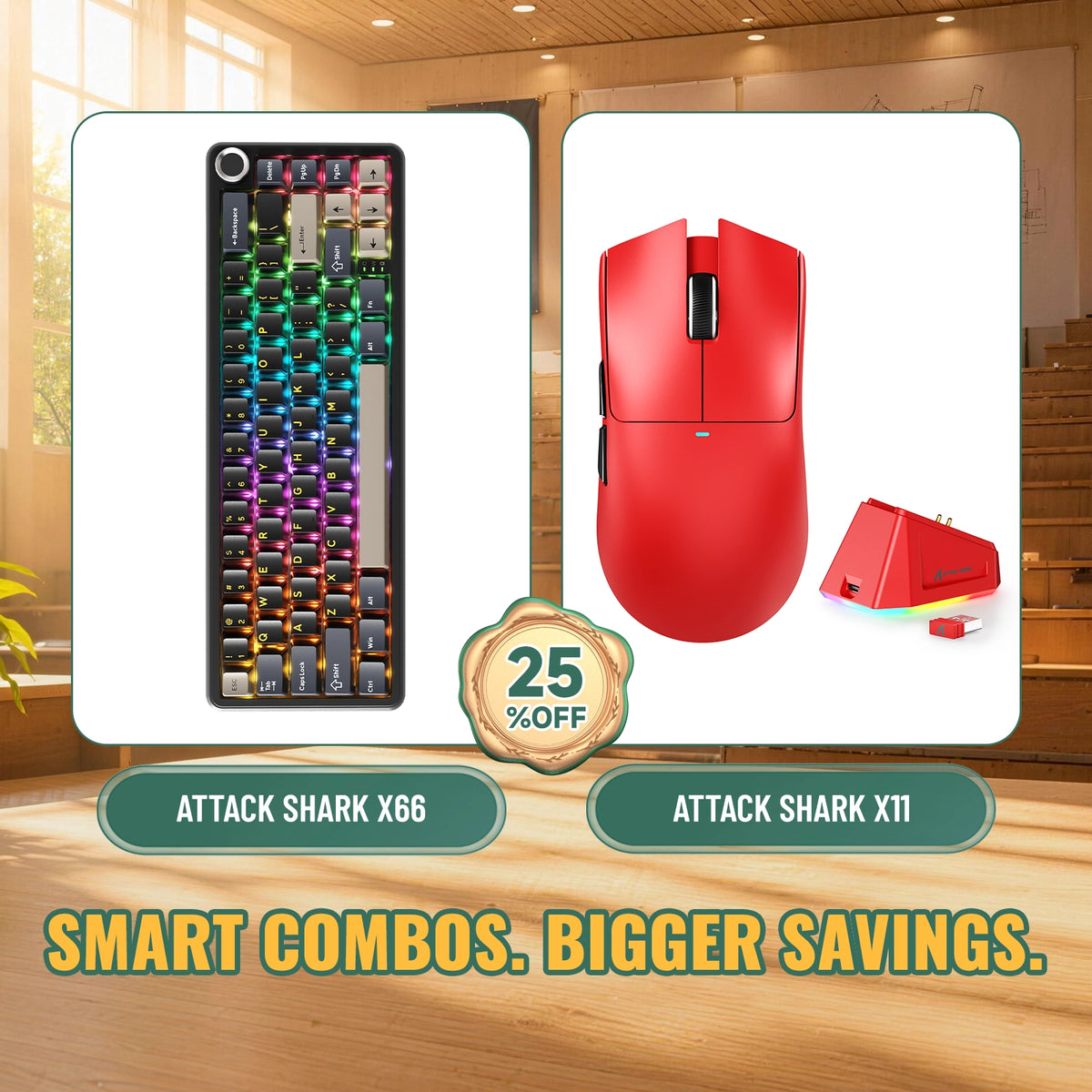ATTACK SHARK X66 무선 기계식 키보드 + X11 무선 게이밍 마우스 번들