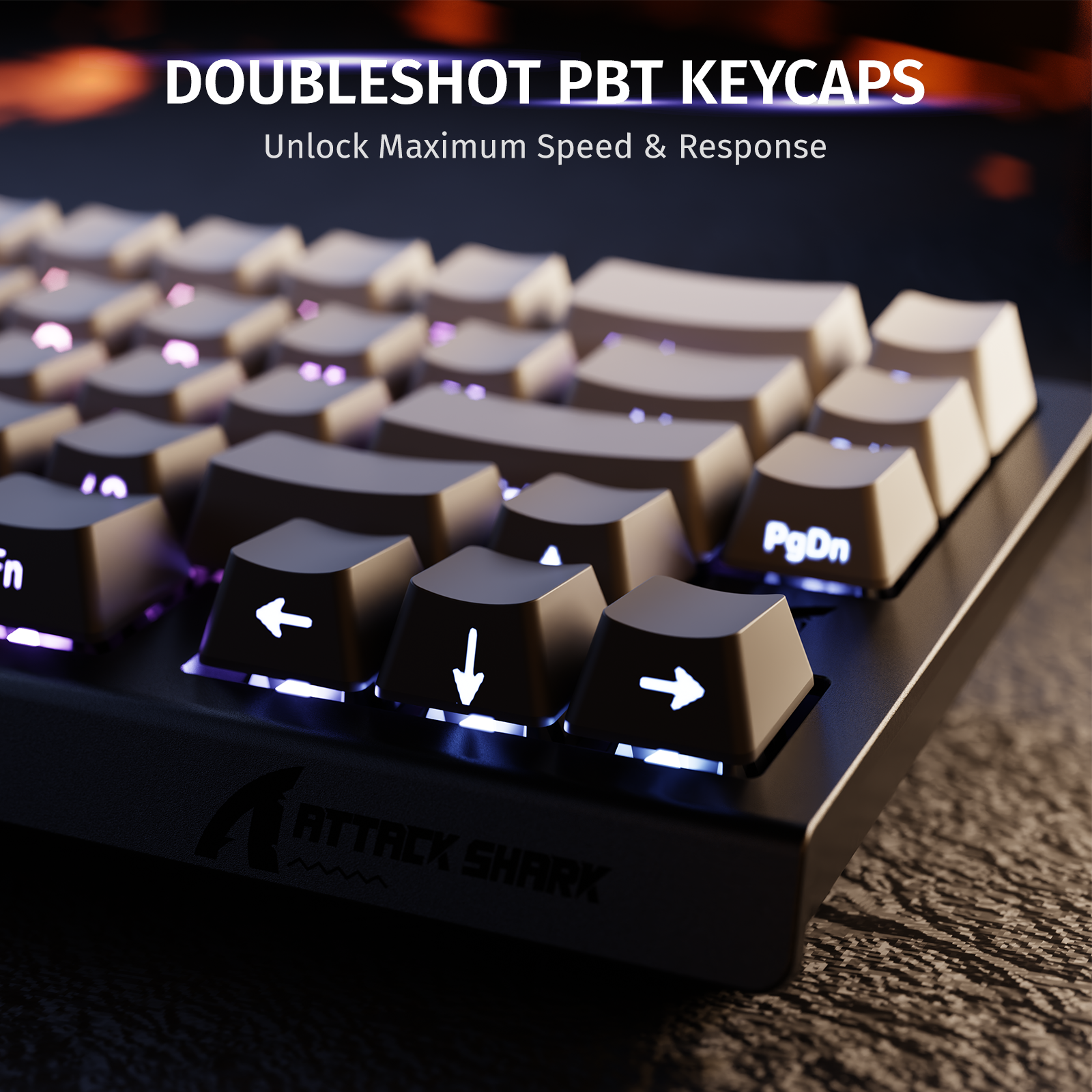 ATTACK SHARK X68 HE keyboard with Doubleshot PBT keycaps for maximum speed and response, side-printed characters.