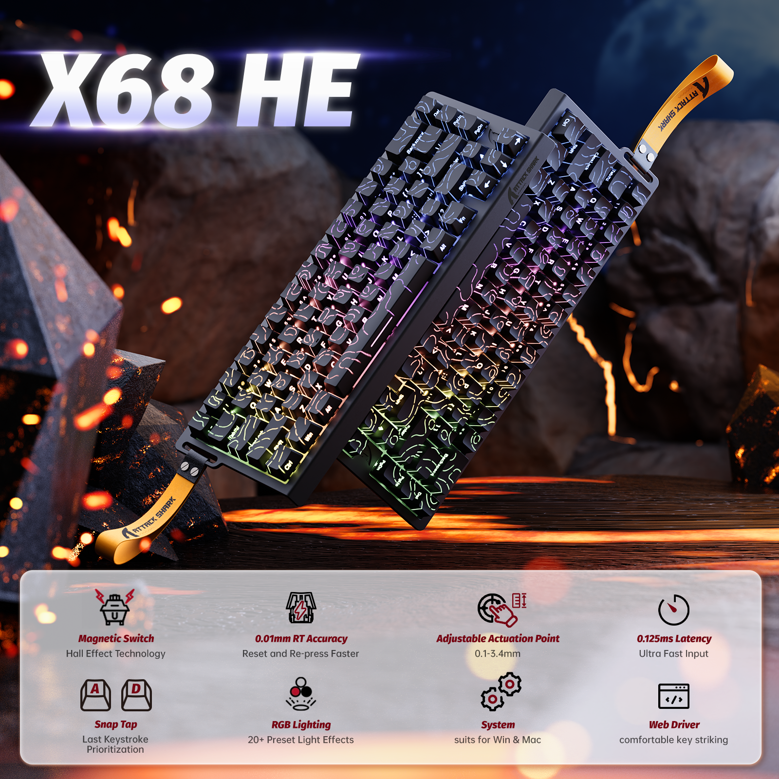 ATTACK SHARK X68 HE Keyboard, featuring magnetic switches and adjustable actuation