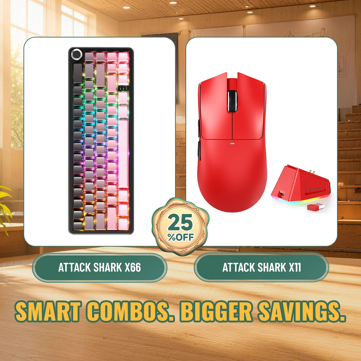 ATTACK SHARK X66 무선 기계식 키보드 + X11 무선 게이밍 마우스 번들