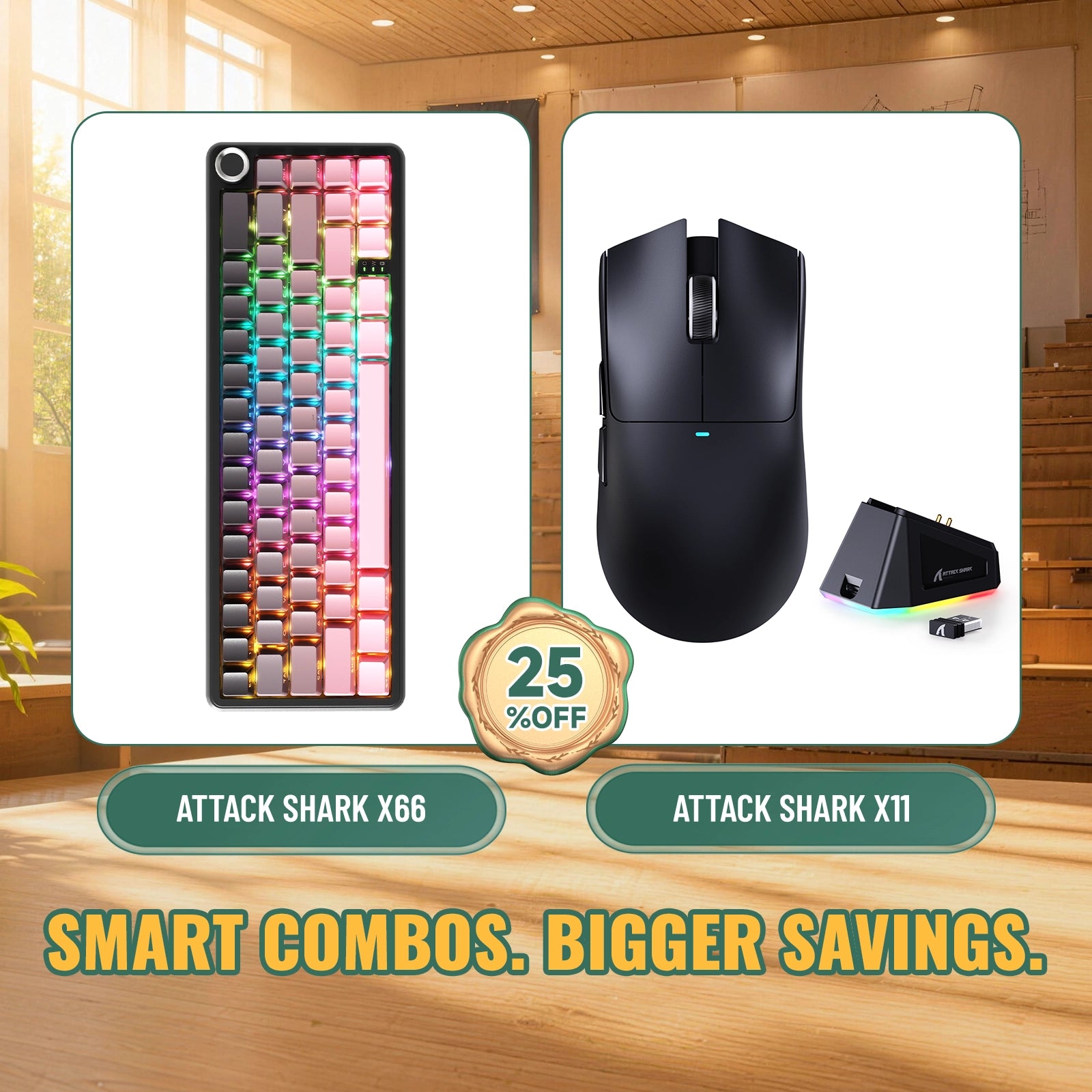 ATTACK SHARK X66 무선 기계식 키보드 + X11 무선 게이밍 마우스 번들