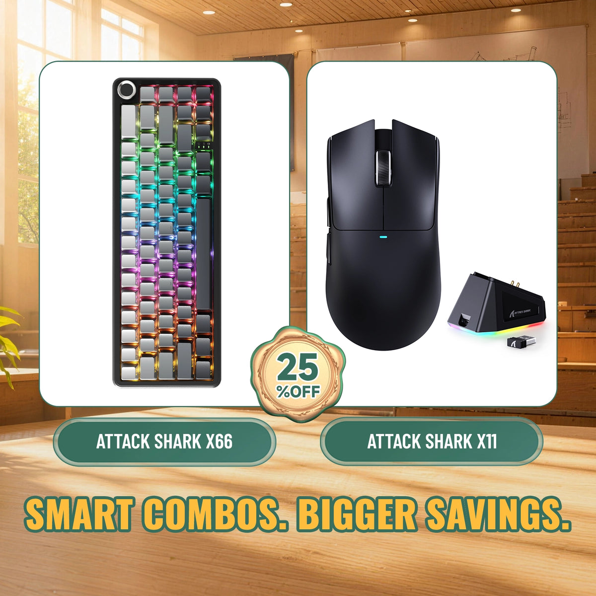 ATTACK SHARK X66 무선 기계식 키보드 + X11 무선 게이밍 마우스 번들