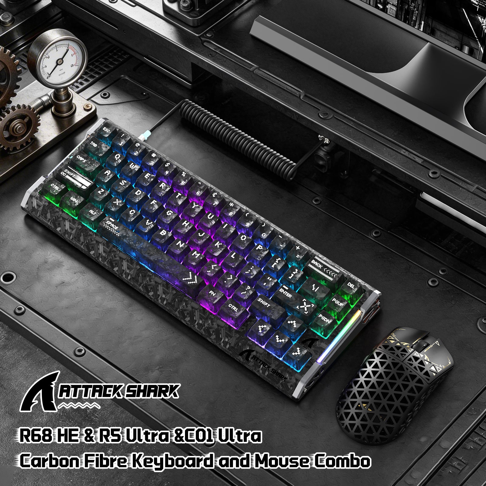 ATTACK SHARK R68 HE & R5 ULTRA 카본 파이버 게이밍 번들 C01 ULTRA 코일 케이블 포함