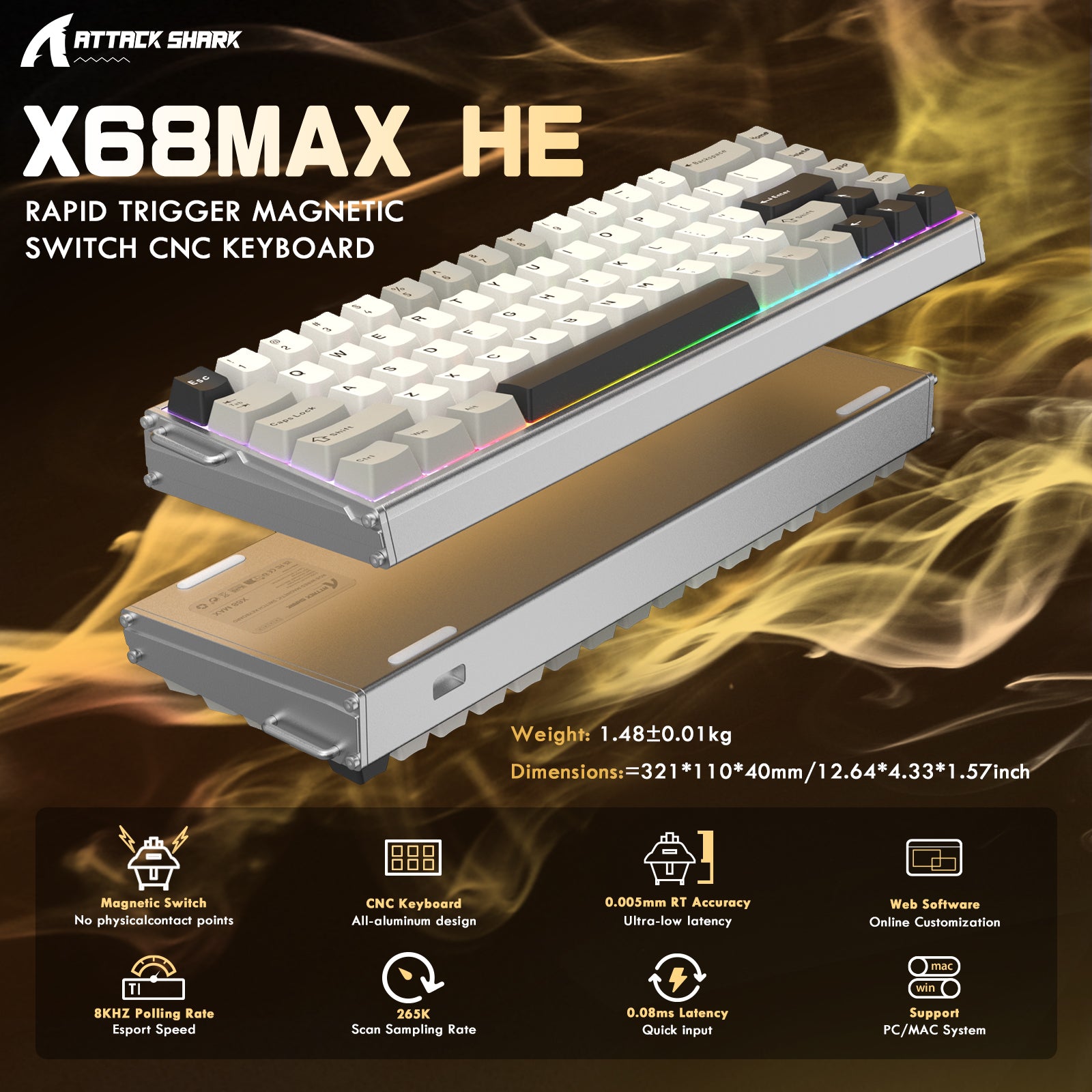 ATTACK SHARK X68MAX HE 래피드 트리거 CNC 알루미늄 키보드 마그네틱 스위치 C01Ultra RGB 코일 케이블 포함