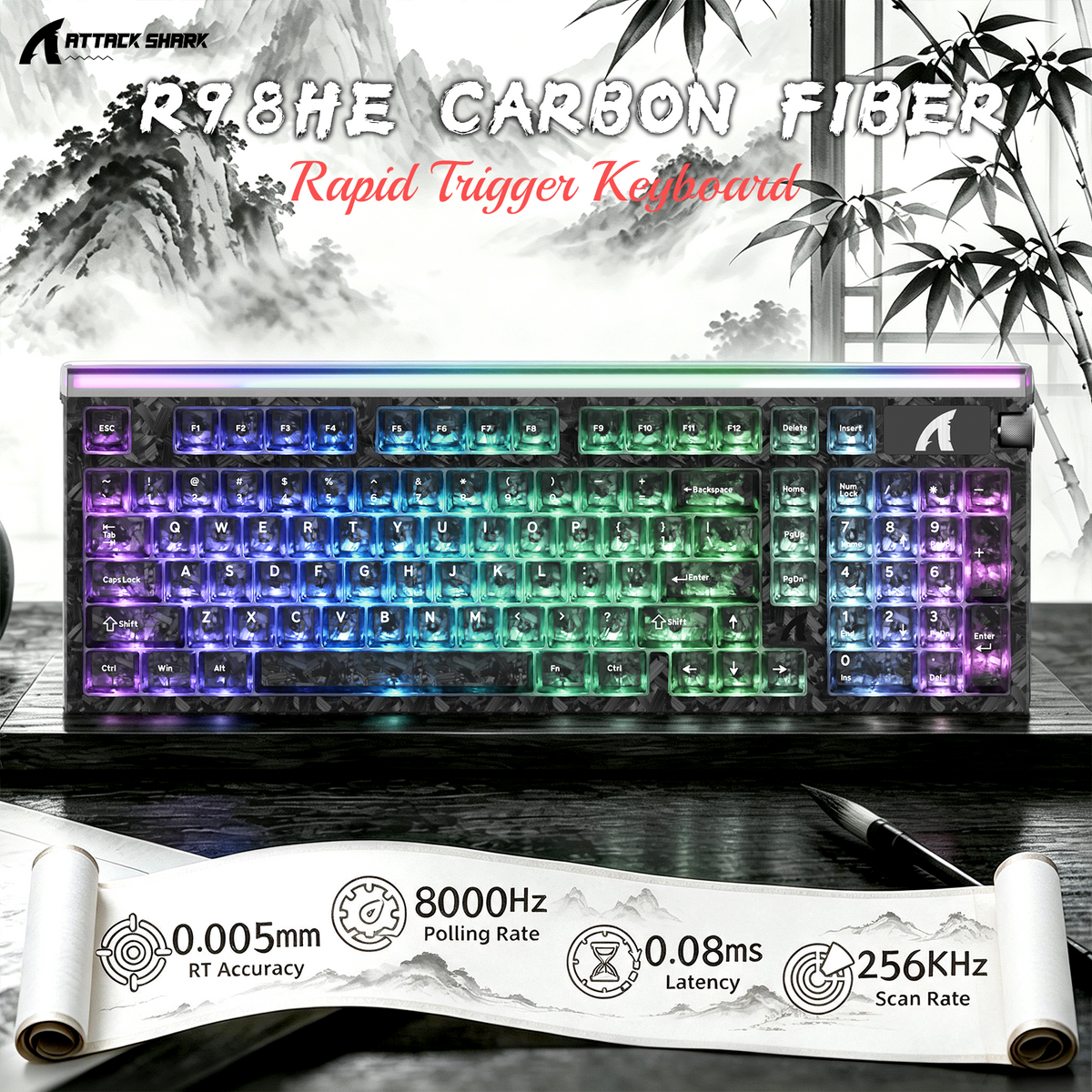 ATTACK SHARK R98 HE 카본 파이버 유선 빠른 트리거 마그네틱 스위치 키보드 C01 Ultra RGB 코일 케이블 포함
