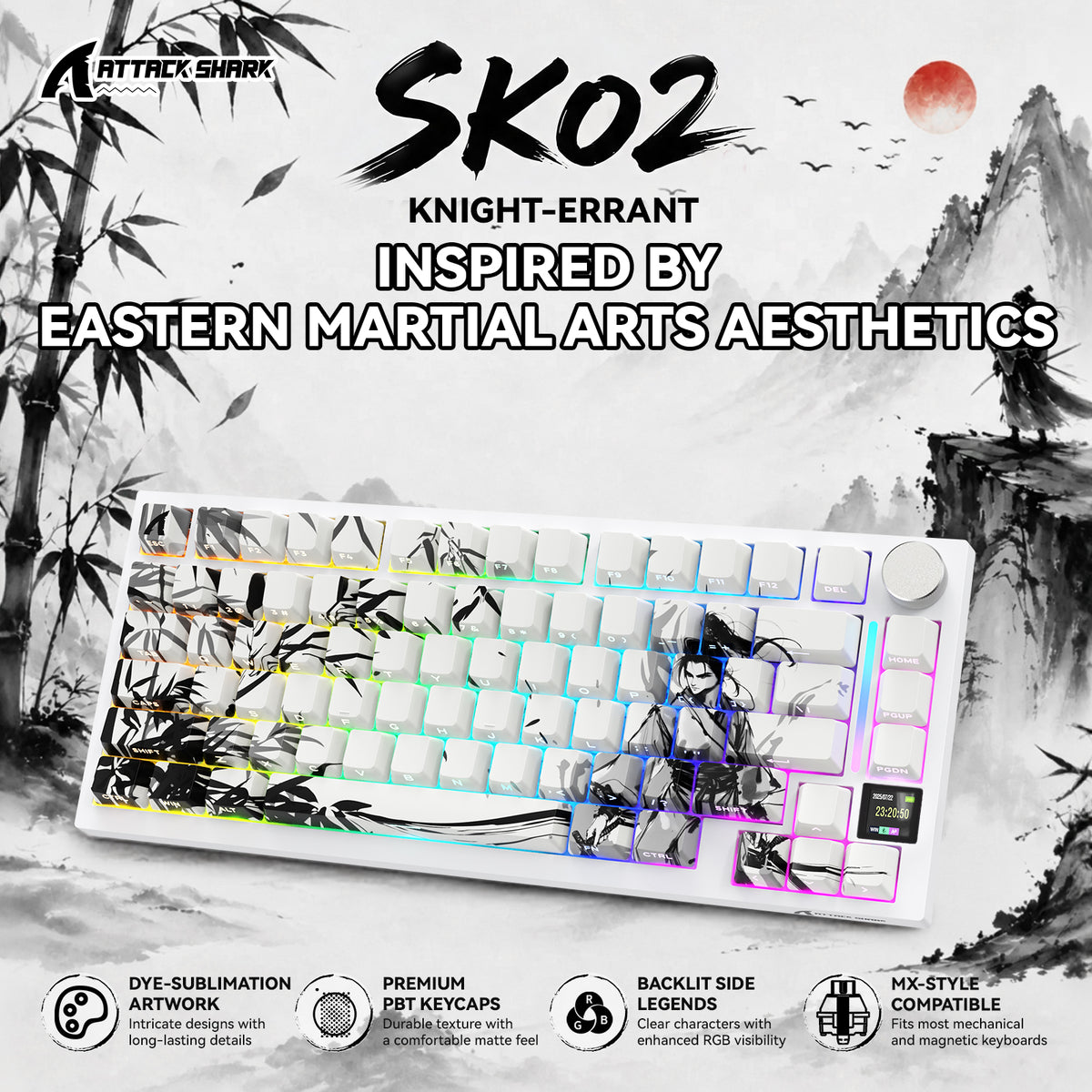 ATTACK SHARK SK02 129키 PBT 측면 인쇄 키캡, ANSI/ISO, 나이트 에런트