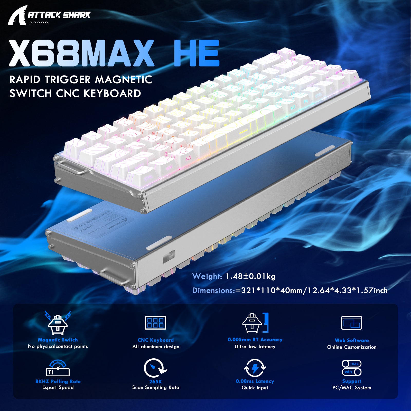 ATTACK SHARK X68MAX HE 래피드 트리거 CNC 알루미늄 키보드 마그네틱 스위치 C01Ultra RGB 코일 케이블 포함