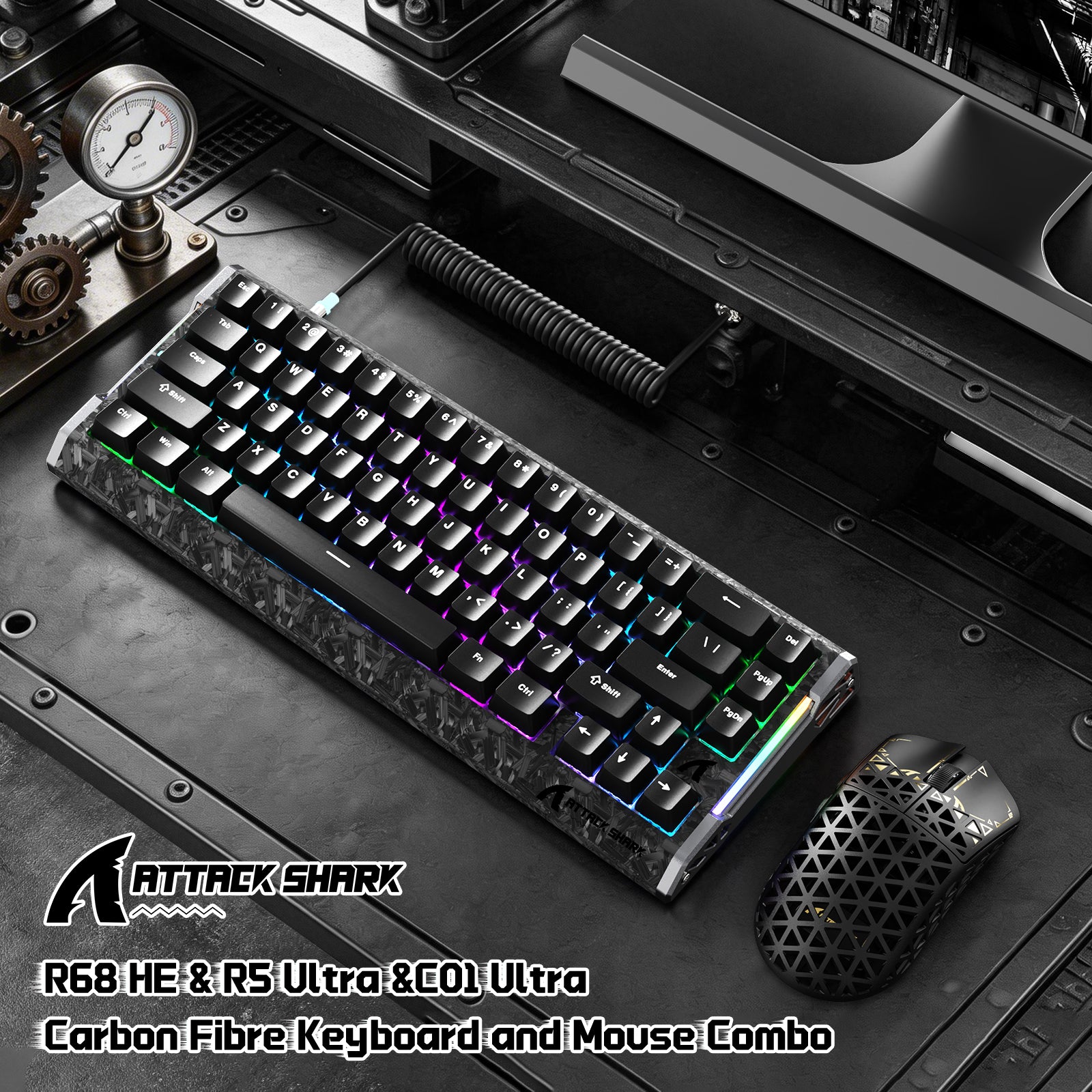 ATTACK SHARK R68 HE & R5 ULTRA 카본 파이버 게이밍 번들 C01 ULTRA 코일 케이블 포함