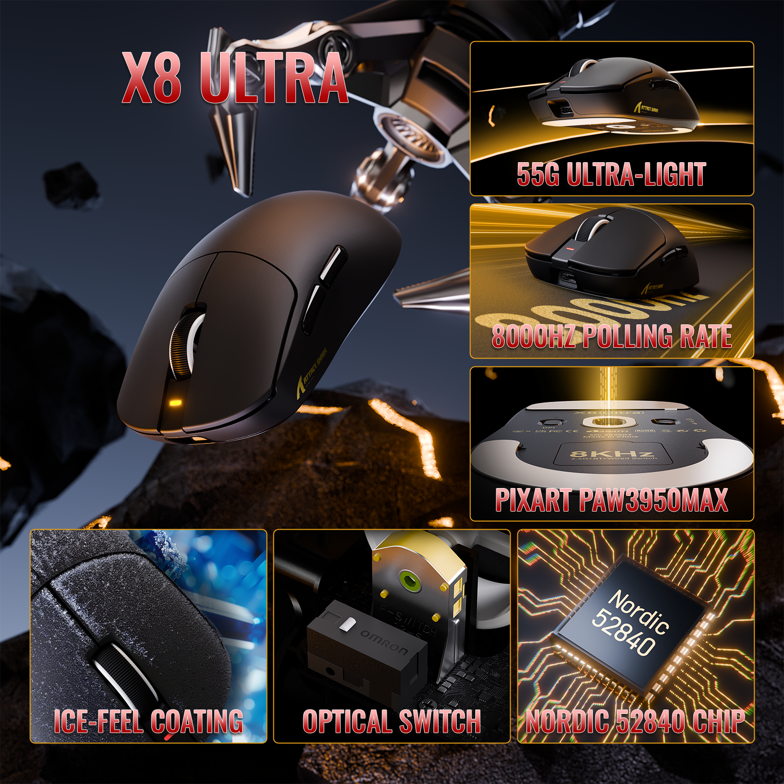 ATTACK SHARK X8 시리즈 트라이 모드 경량 무선 게이밍 마우스