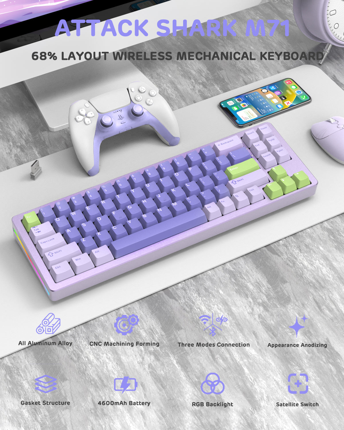 ATTACK SHARK M71 68% wireless mechanical keyboard with purple and green keycaps on a desk.