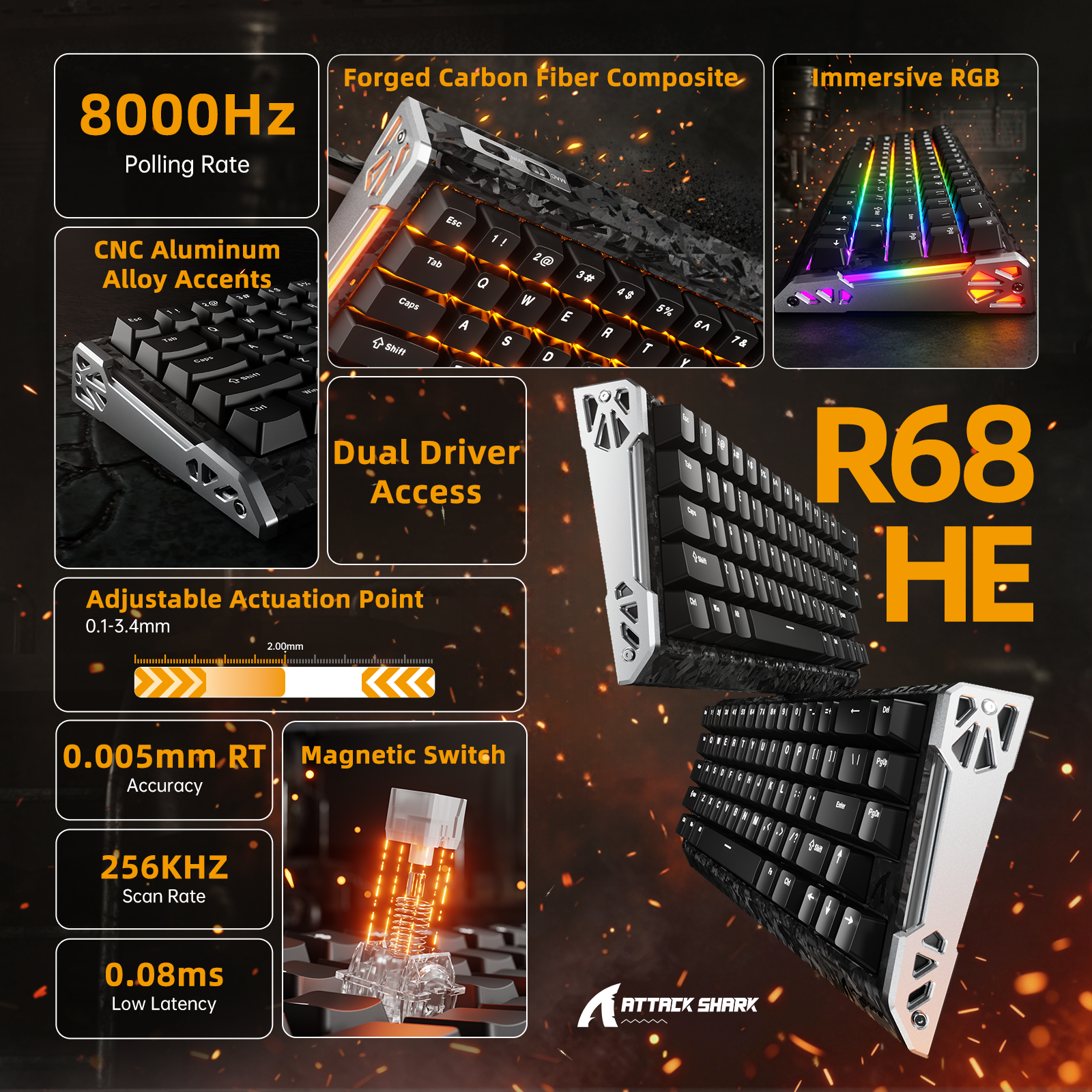 ATTACK SHARK R68 HE 카본 파이버 래피드 트리거 키보드 마그네틱 스위치
