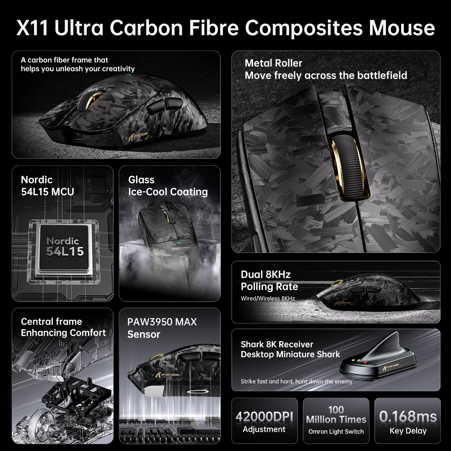 ATTACK SHARK X11 ULTRA carbon fiber wireless gaming mouse with gold side buttons and RGB