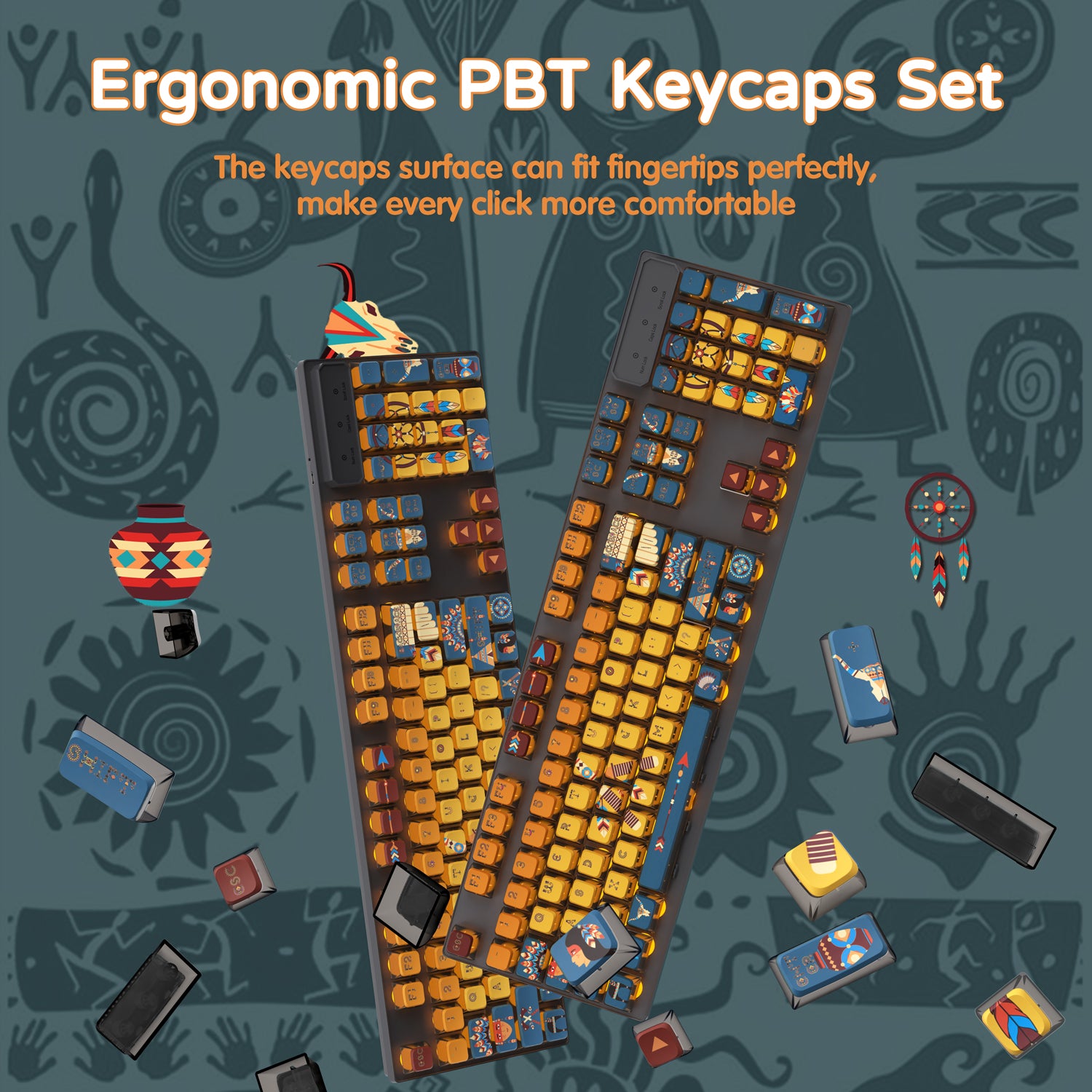 ATTACK SHARK 120 Keys PBT Dye-Sublimation Ergonomic Keycaps Set with tribal and native-inspired designs.