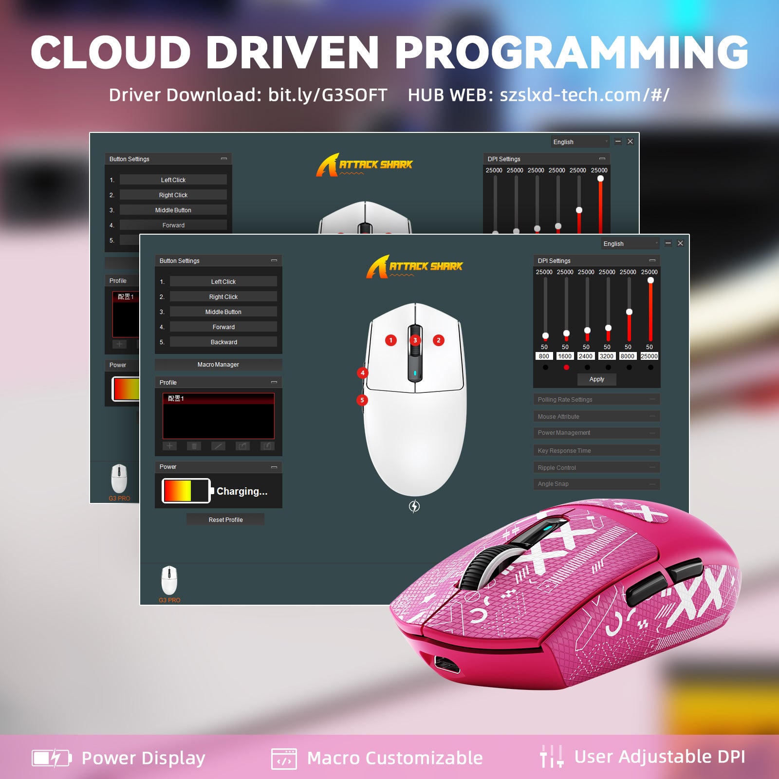 ATTACK SHARK G3PRO 25000DPI 초경량 3 모드 무선 게이밍 마우스(충전 도크 포함)