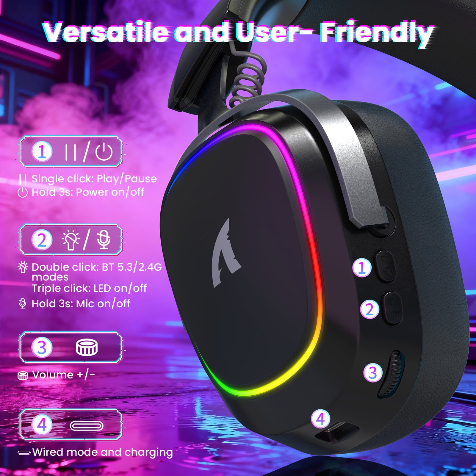 Diagram of versatile and user-friendly controls for Attack Shark G800 headset, detailing button functions for play/pause, modes, mic, volume, and charging