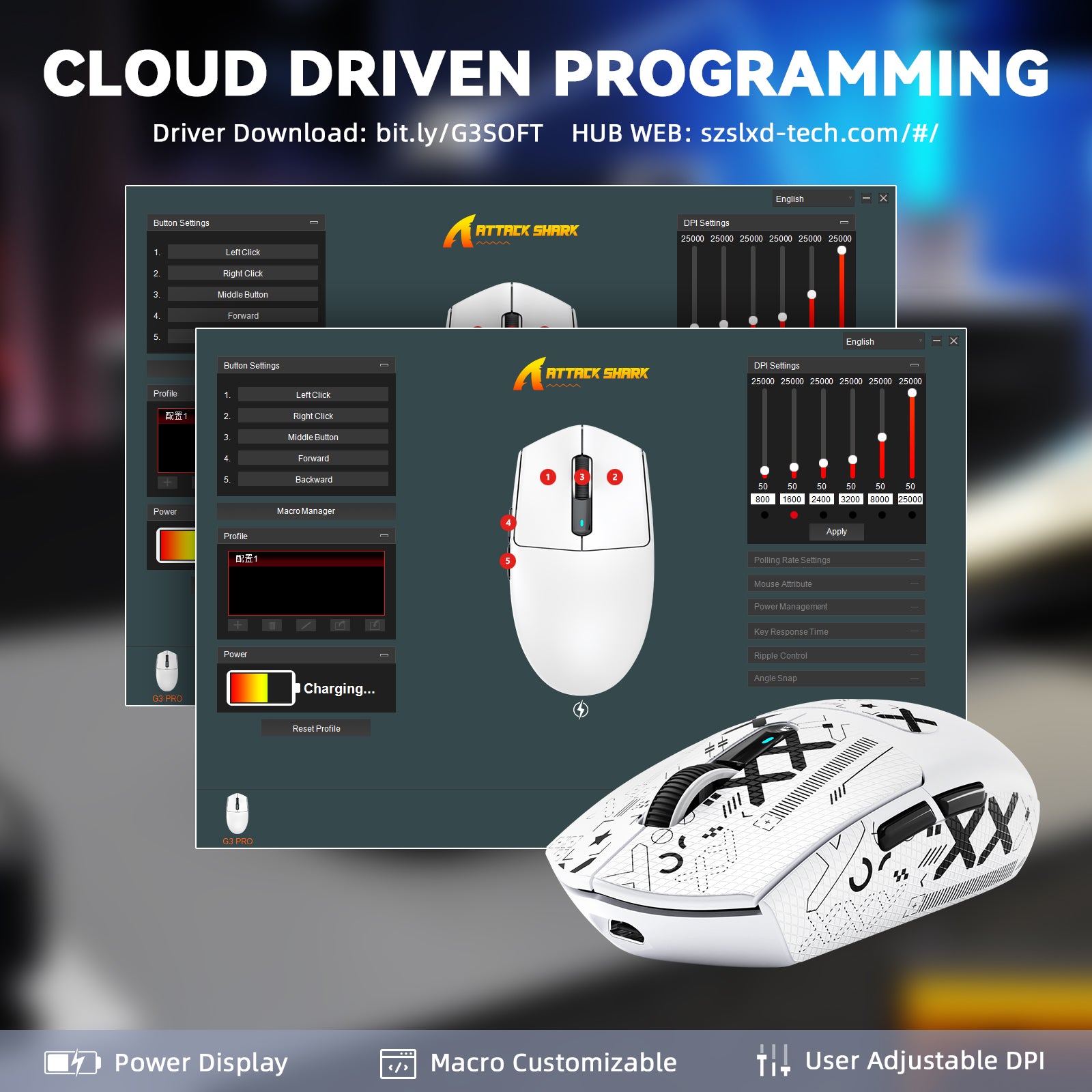 ATTACK SHARK G3PRO 25000DPI 초경량 3 모드 무선 게이밍 마우스(충전 도크 포함)