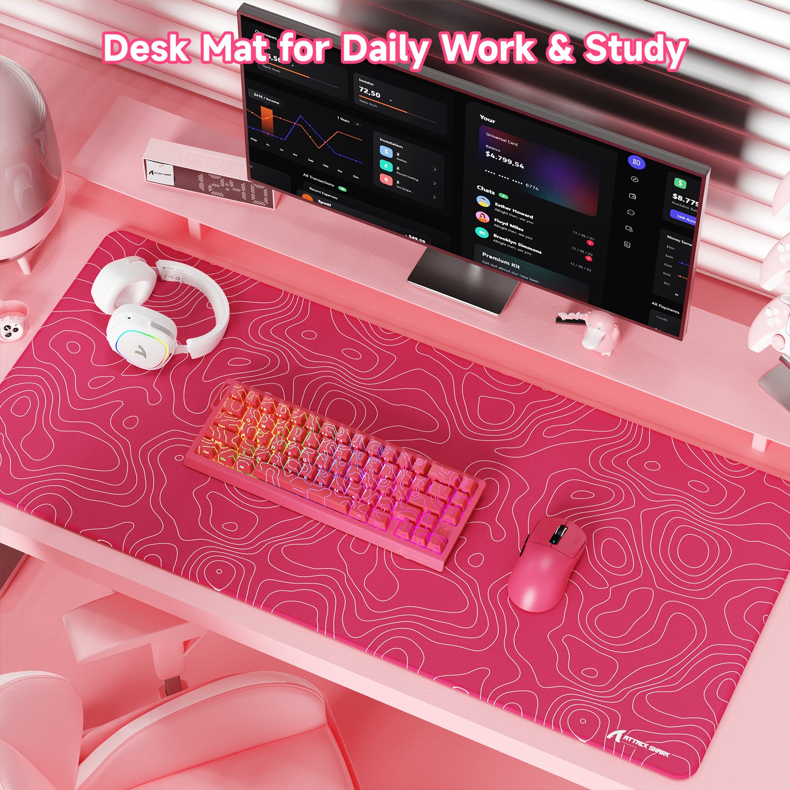 Pink ATTACK SHARK CM02PRO gaming mousepad with topographic pattern on a desk