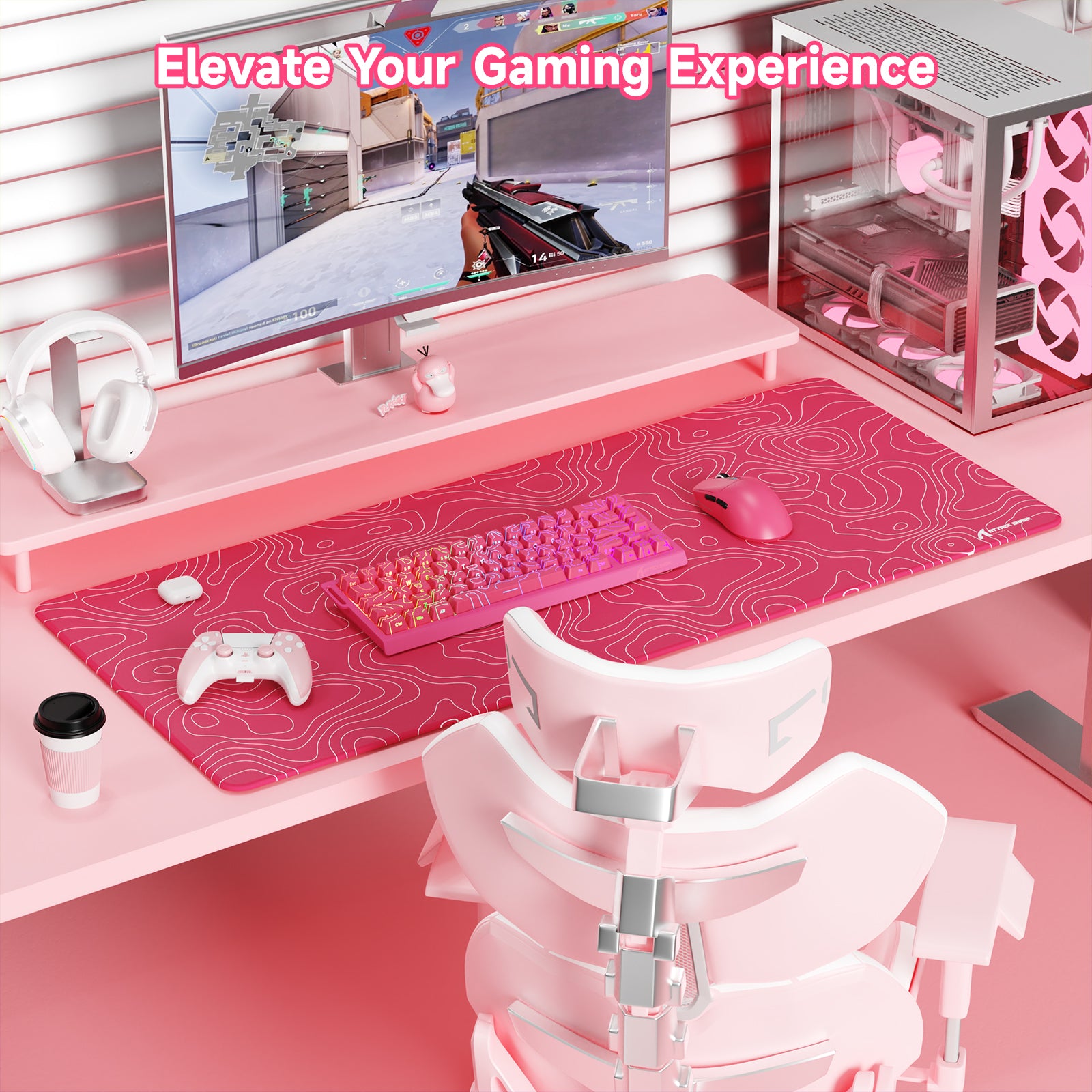 Pink ATTACK SHARK gaming mousepad with contour line pattern on a desktop setup