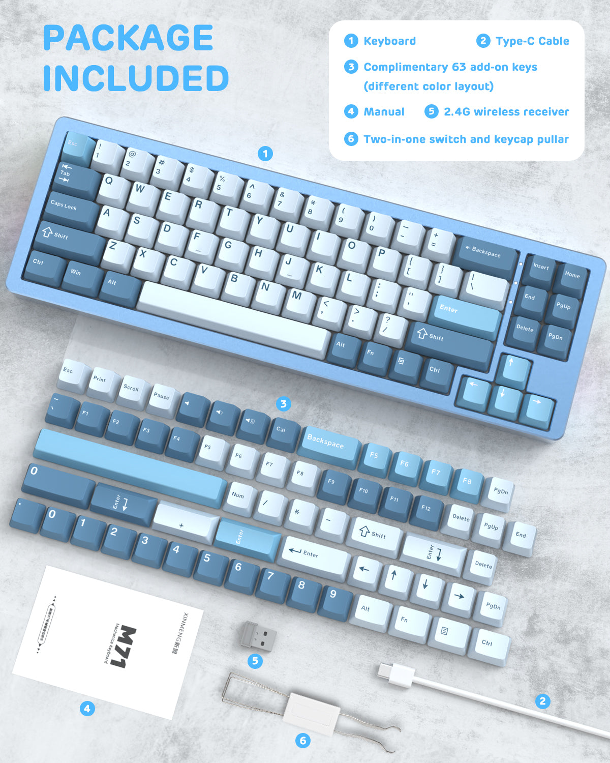 ATTACK SHARK M71 keyboard, Type-C cable, add-on keys, manual, 2.4G receiver, and keycap puller included.