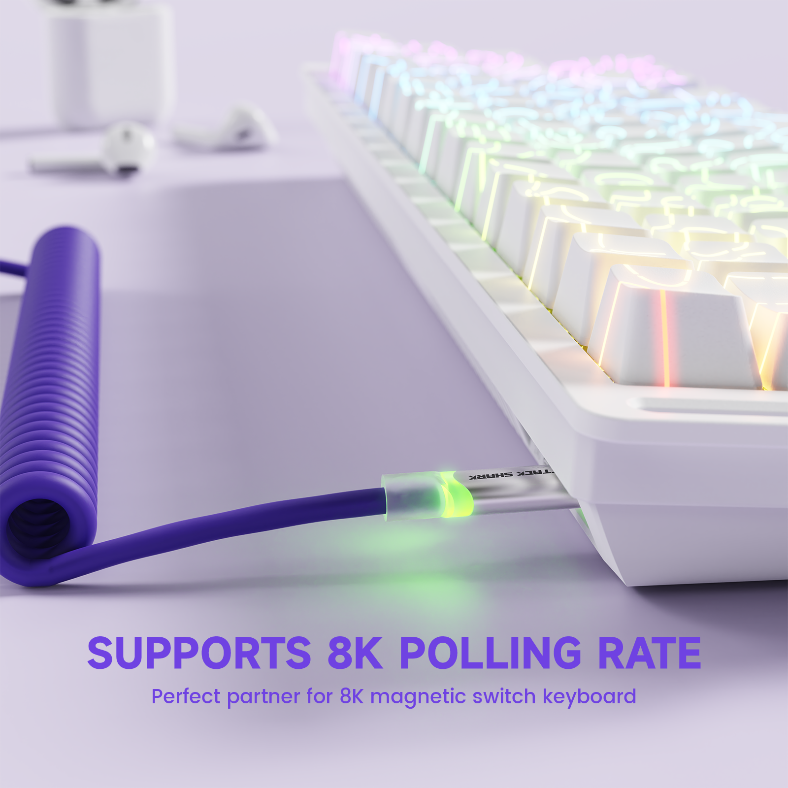 ATTACK SHARK C01Ultra purple coiled cable for 8KHz mechanical keyboard, supports fast charging.