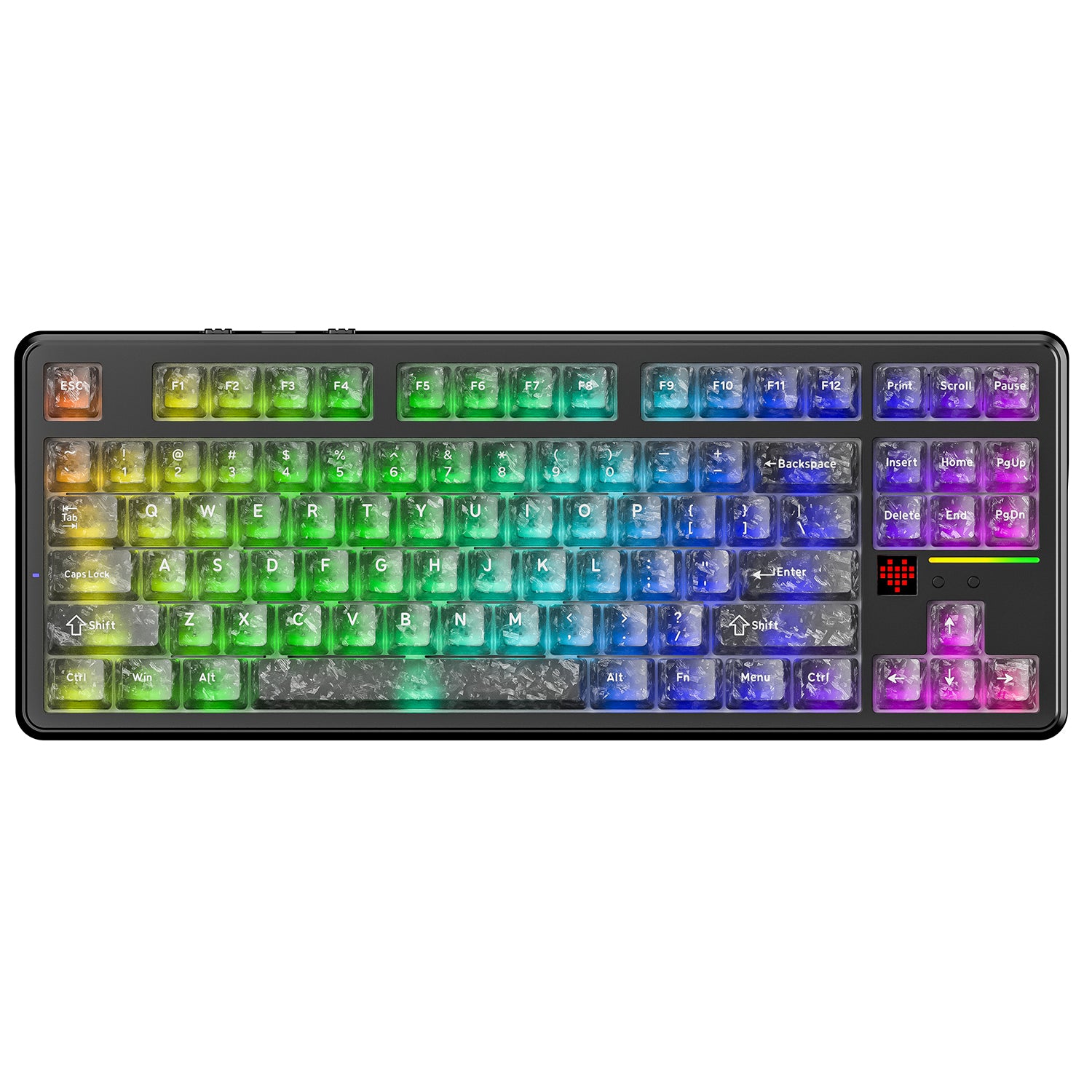 Attack Shark X87 Ultra wireless mechanical keyboard, multi-color RGB, dot-matrix display.