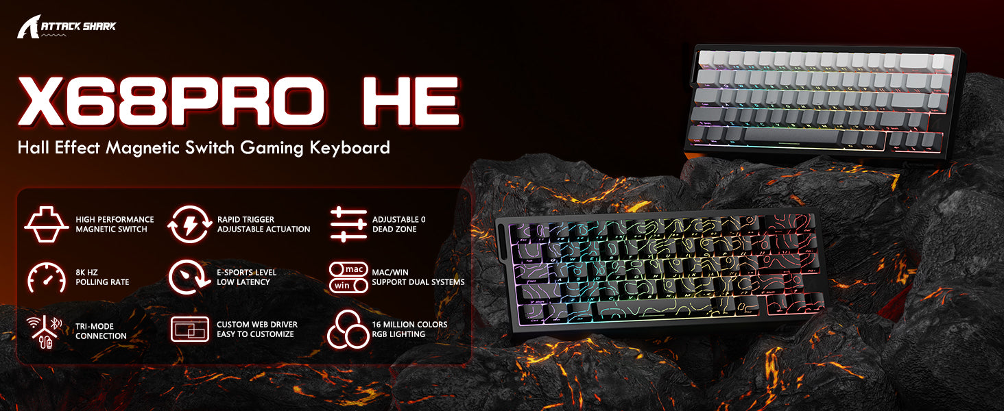 ATTACK SHARK X68PRO HE 무선 빠른 트리거 키보드 및 코일 케이블 포함