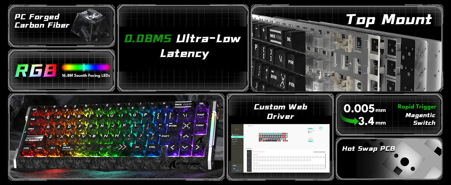 ATTACK SHARK R68 HE 카본 파이버 유선 래피드 트리거 마그네틱 스위치 키보드 C01 Ultra RGB 코일 케이블 포함