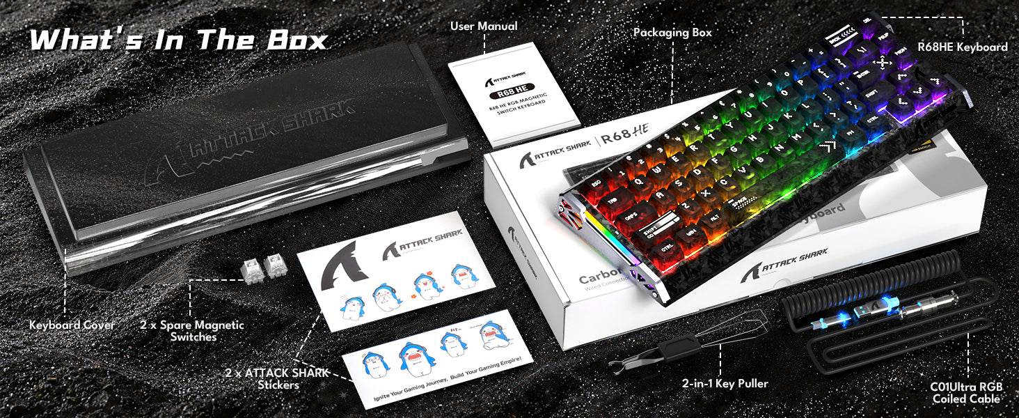 ATTACK SHARK R68 HE 카본 파이버 유선 래피드 트리거 마그네틱 스위치 키보드 C01 Ultra RGB 코일 케이블 포함
