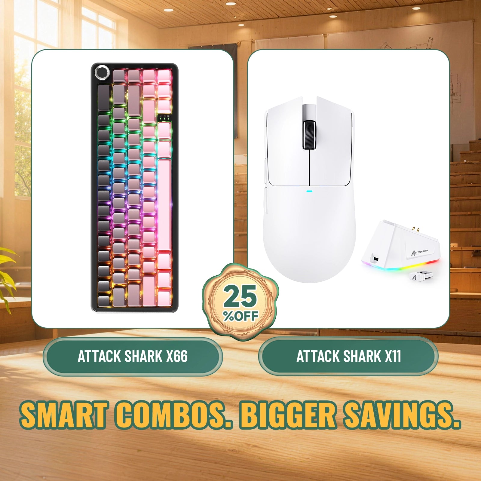 ATTACK SHARK X66 무선 기계식 키보드 + X11 무선 게이밍 마우스 번들