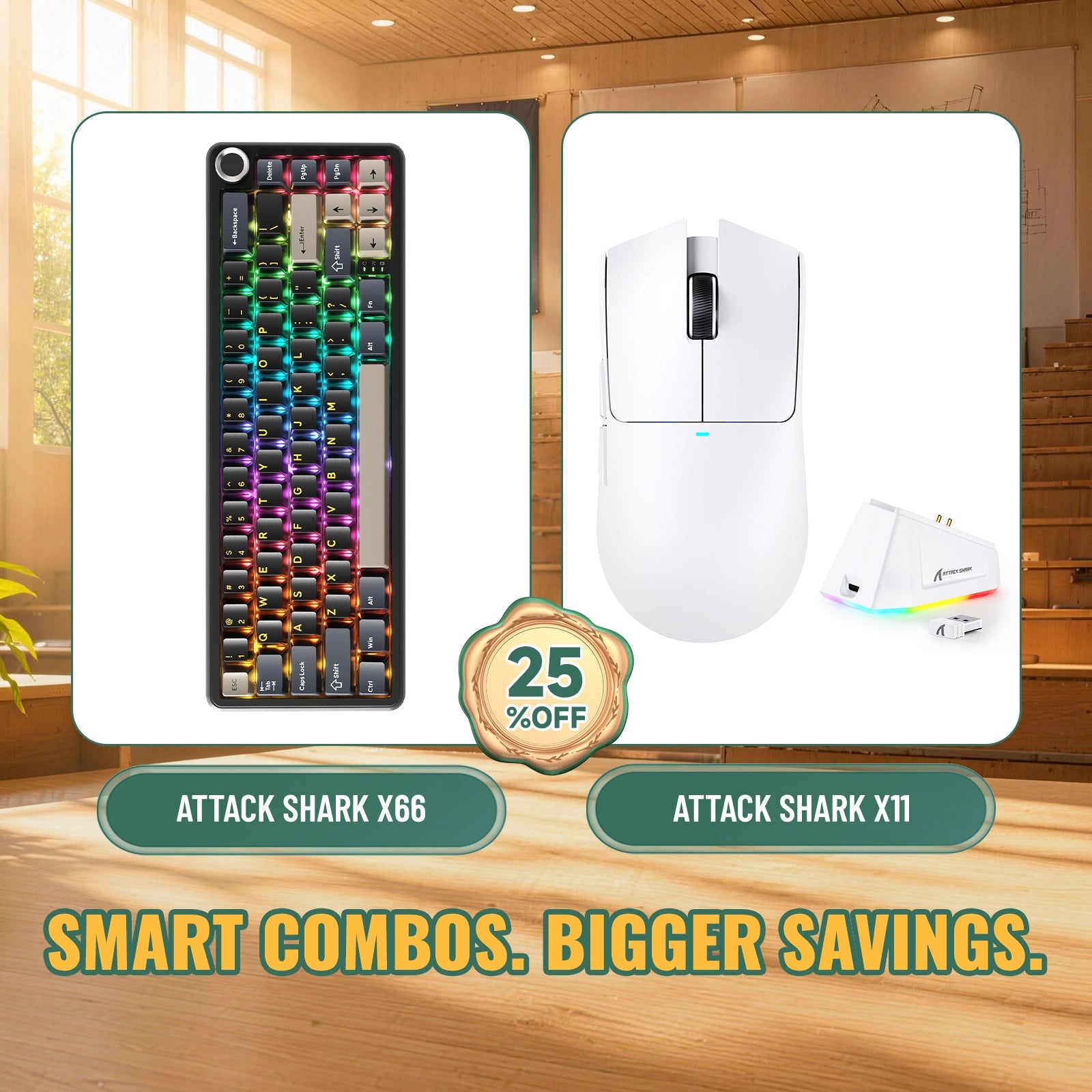ATTACK SHARK X66 무선 기계식 키보드 + X11 무선 게이밍 마우스 번들