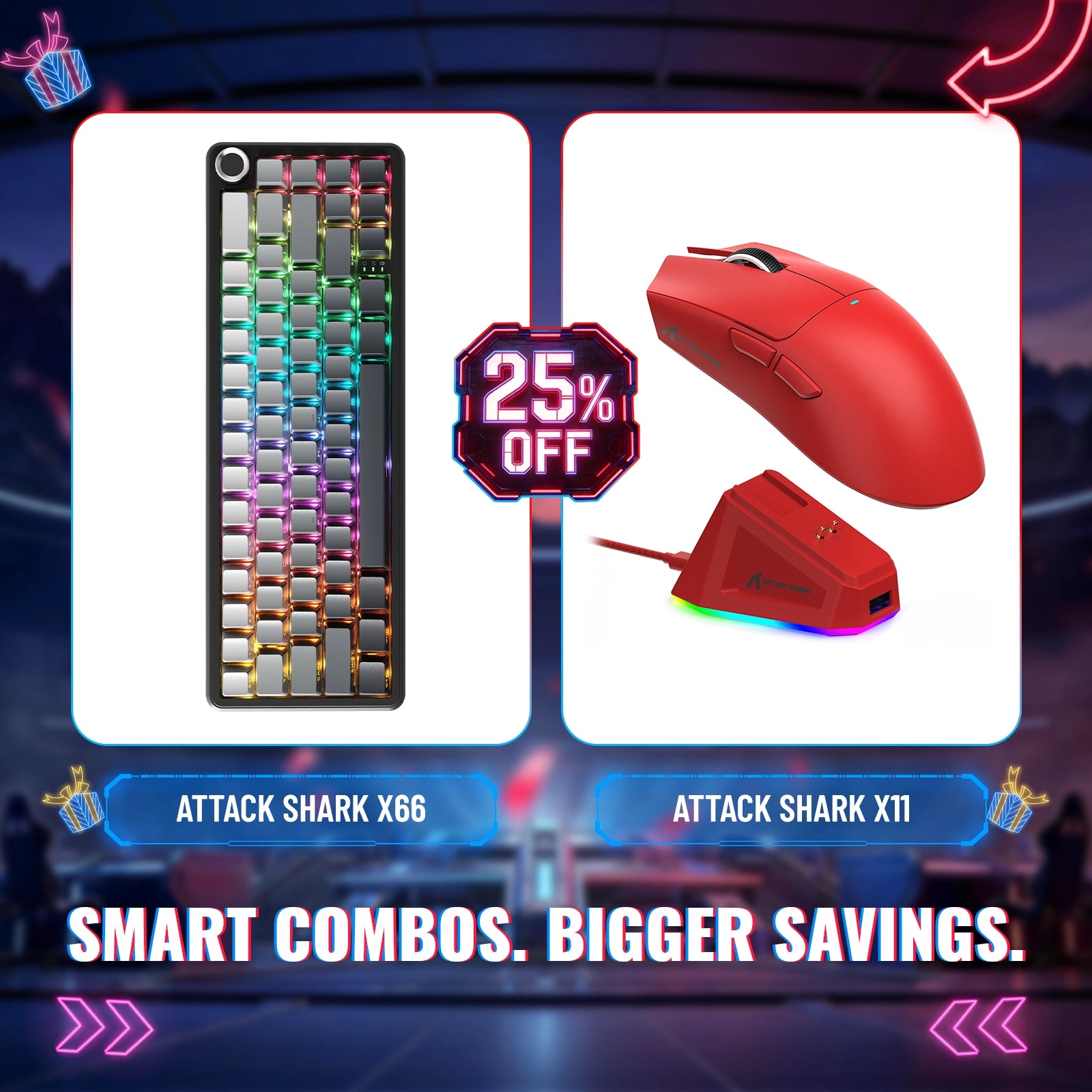 ATTACK SHARK X66 무선 기계식 키보드 + X11 무선 게이밍 마우스