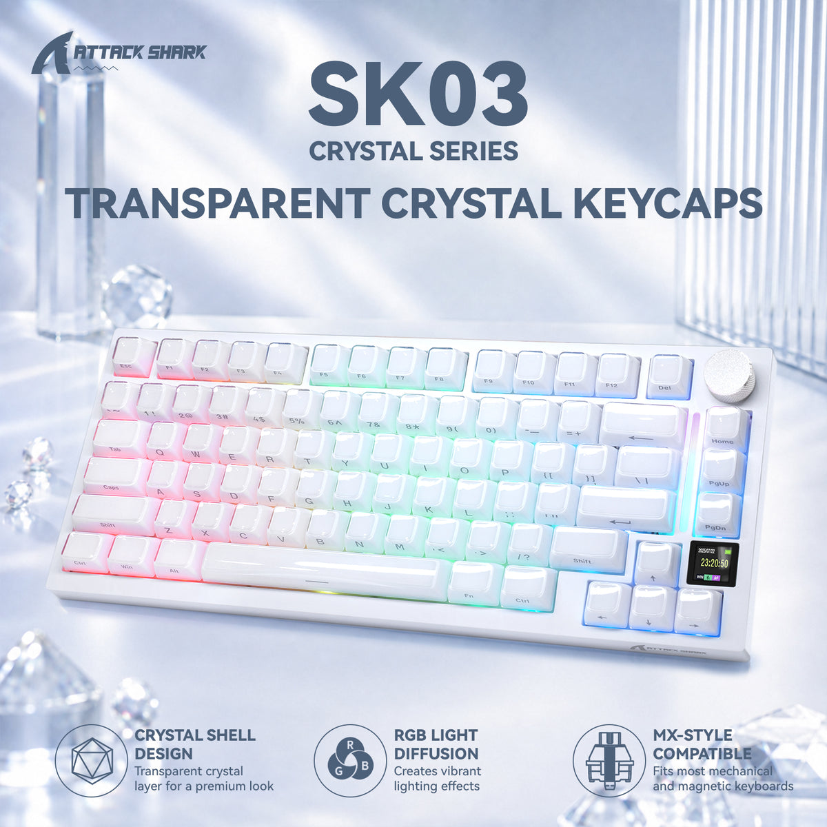 ATTACK SHARK SK03 136키 크리스털 키캡, ASA 프로파일, ANSI/ISO