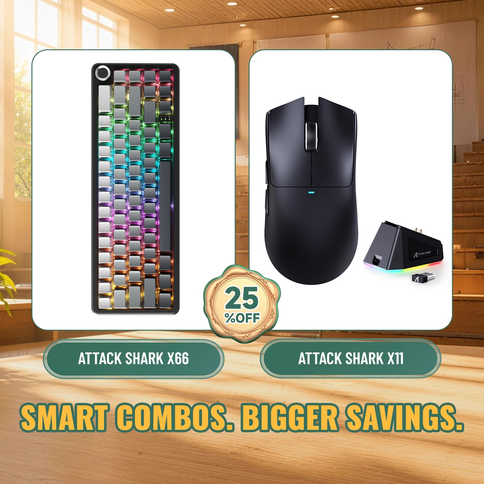 ATTACK SHARK X66 무선 기계식 키보드 + X11 무선 게이밍 마우스 번들