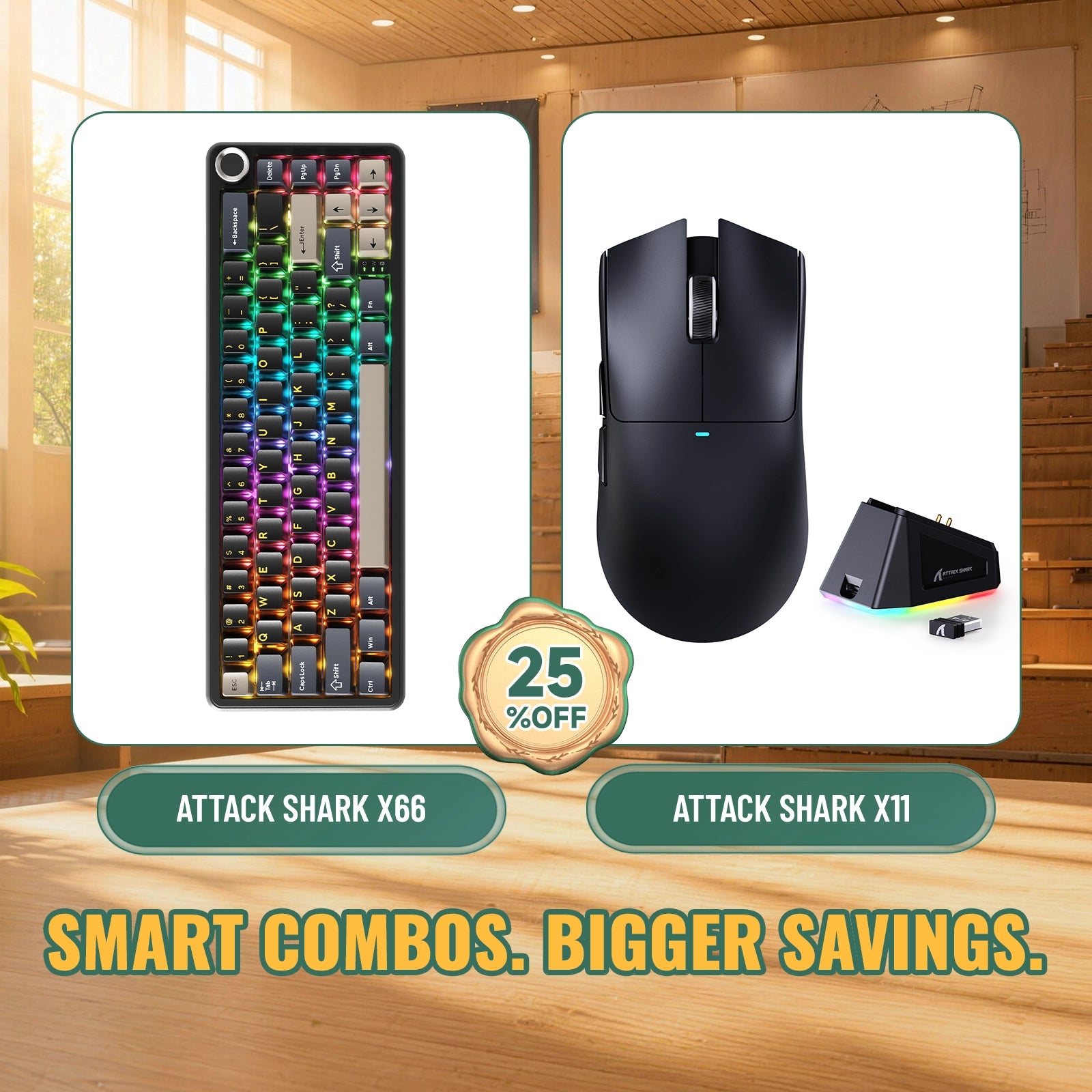 ATTACK SHARK X66 무선 기계식 키보드 + X11 무선 게이밍 마우스 번들