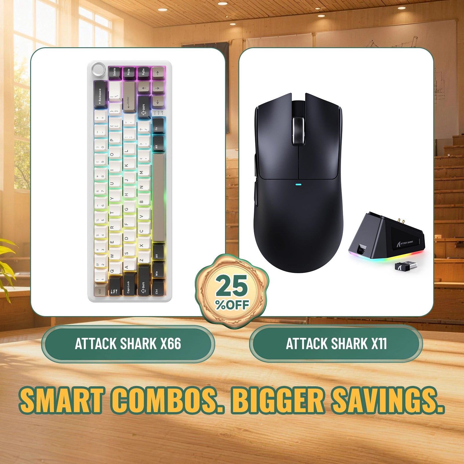 ATTACK SHARK X66 무선 기계식 키보드 + X11 무선 게이밍 마우스 번들