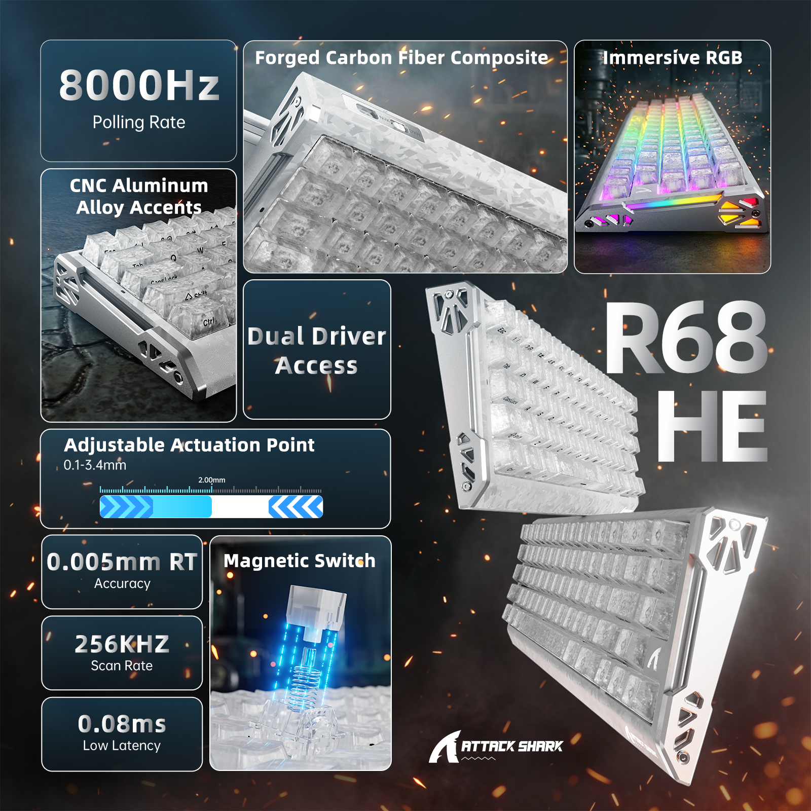 ATTACK SHARK R68 HE 카본 파이버 래피드 트리거 키보드 마그네틱 스위치