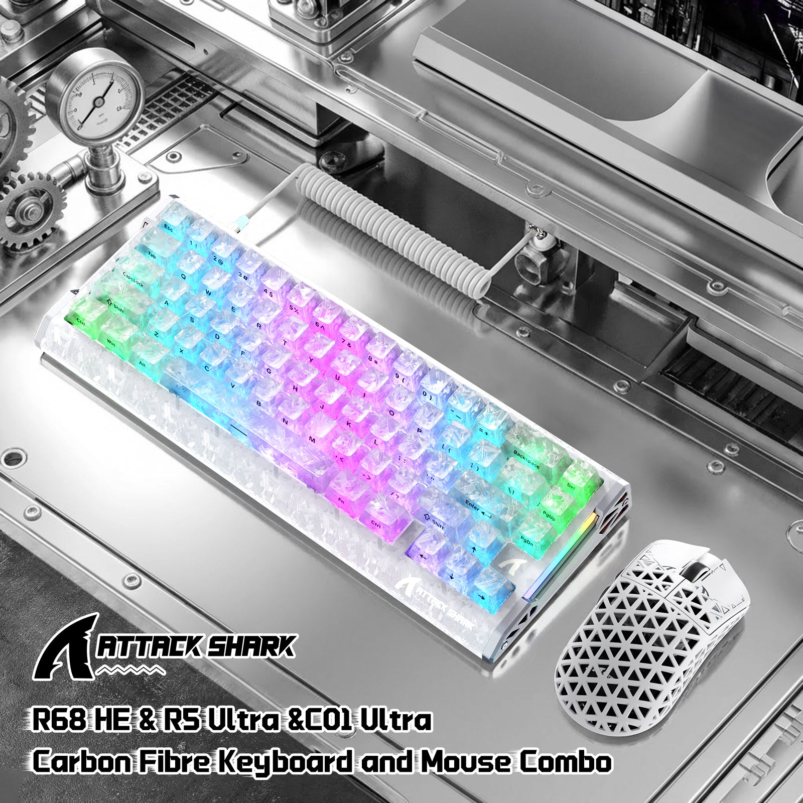 ATTACK SHARK R68 HE & R5 ULTRA 카본 파이버 게이밍 번들 C01 ULTRA 코일 케이블 포함