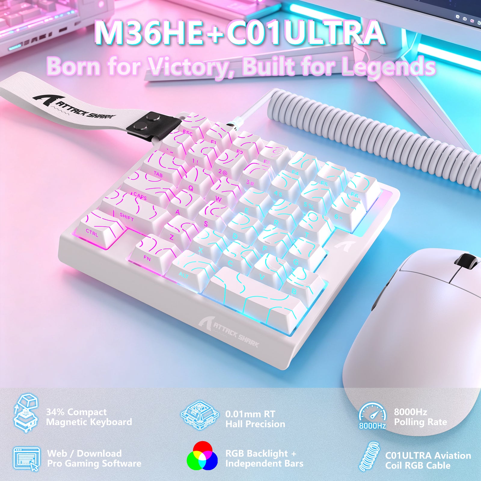 ATTACK SHARK M36 HE 한손용 마그네틱 스위치 키보드 & C01 ULTRA LED 조종사 케이블