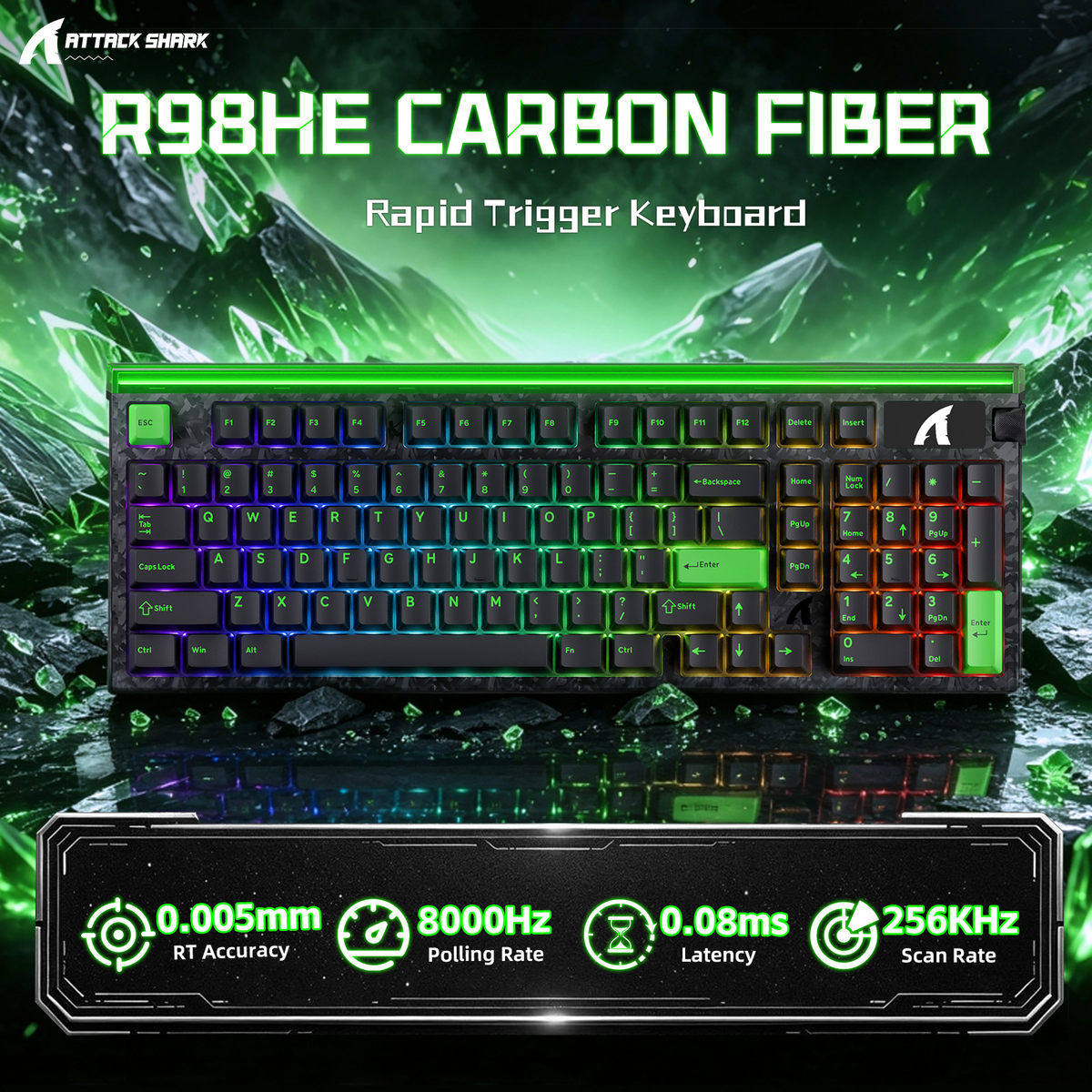ATTACK SHARK R98 HE 카본 파이버 유선 빠른 트리거 마그네틱 스위치 키보드 C01 Ultra RGB 코일 케이블 포함