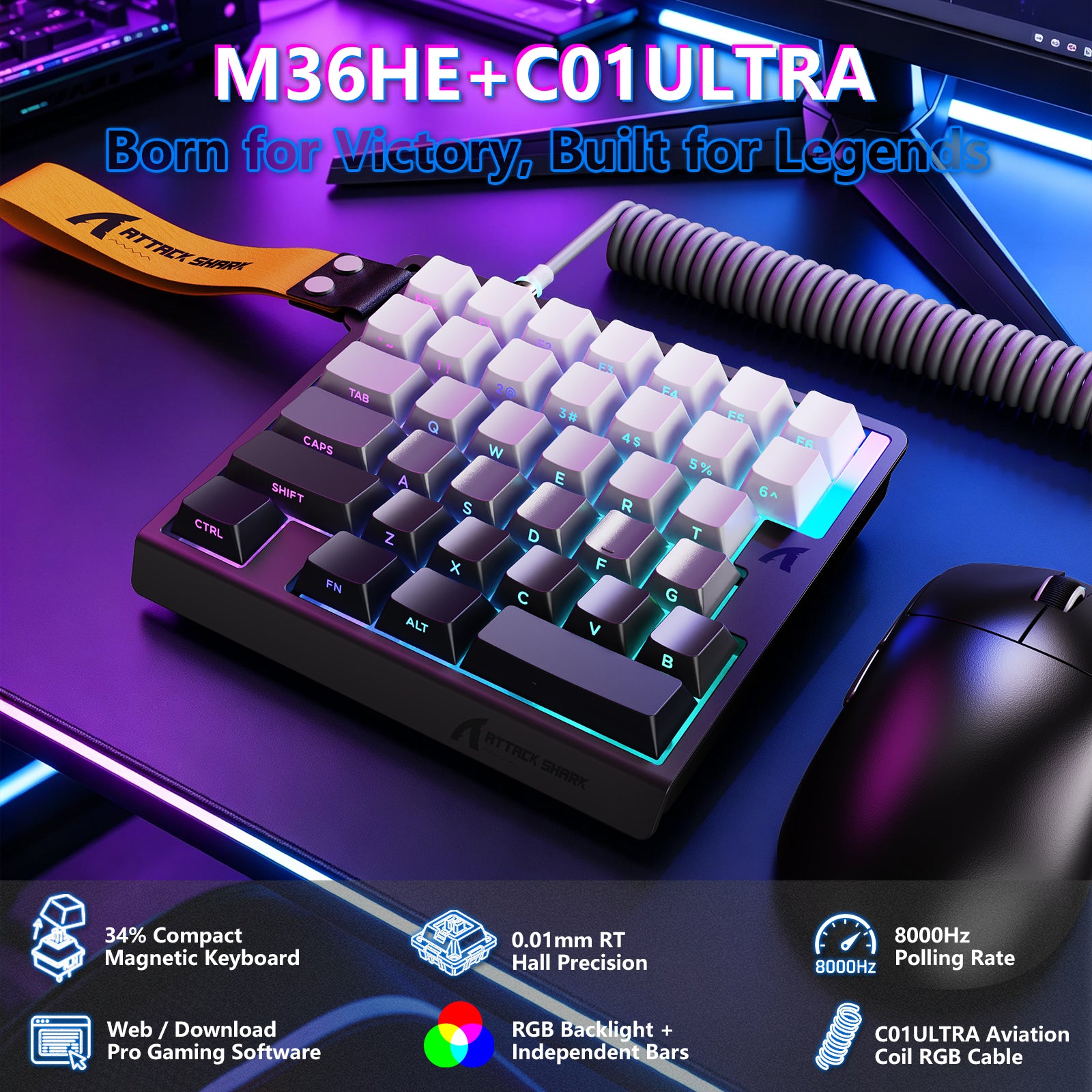 ATTACK SHARK M36 HE 한손용 마그네틱 스위치 키보드 & C01 ULTRA LED 조종사 케이블