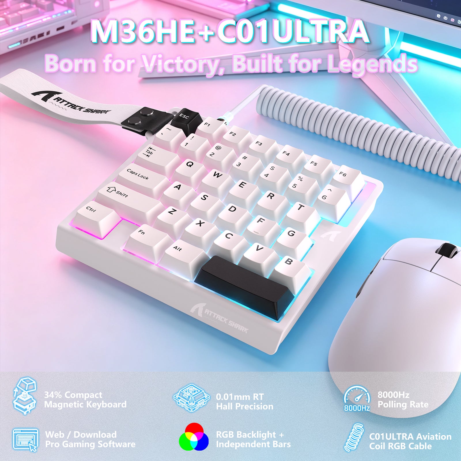 ATTACK SHARK M36 HE 한손용 마그네틱 스위치 키보드 & C01 ULTRA LED 조종사 케이블