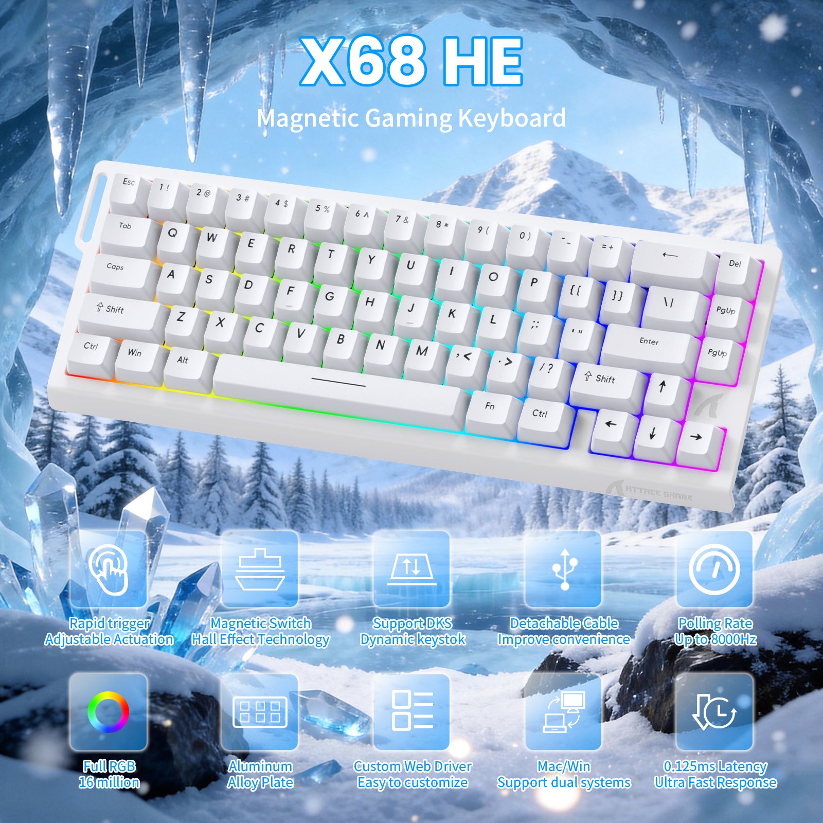 ATTACK SHARK X68 HE 빠른 트리거 키보드 마그네틱 스위치 및 C01PRO 코일 케이블 포함