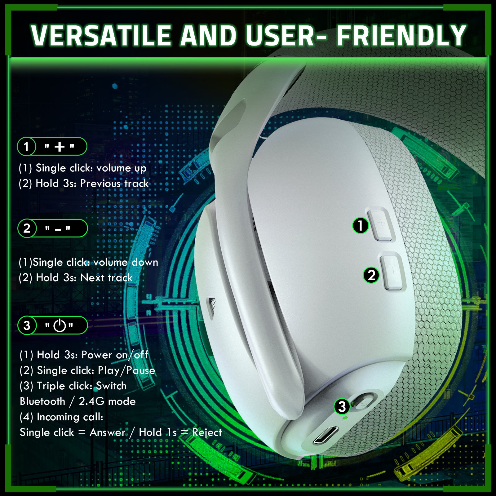 ATTACK SHARK L80PRO headset controls: volume, track, power, mode switch. Versatile and user-friendly gaming headset.