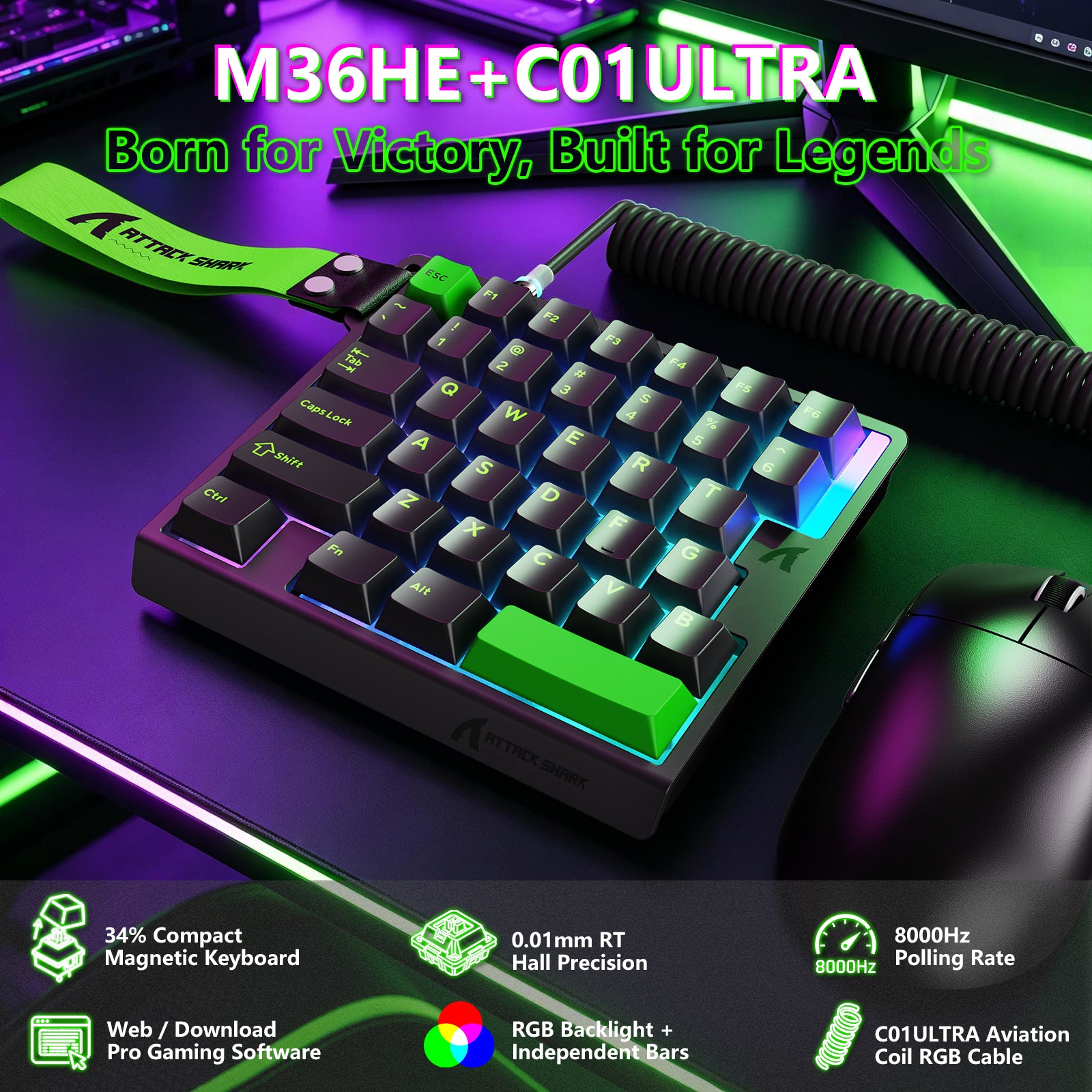 ATTACK SHARK M36 HE 한손용 마그네틱 스위치 키보드 & C01 ULTRA LED 조종사 케이블