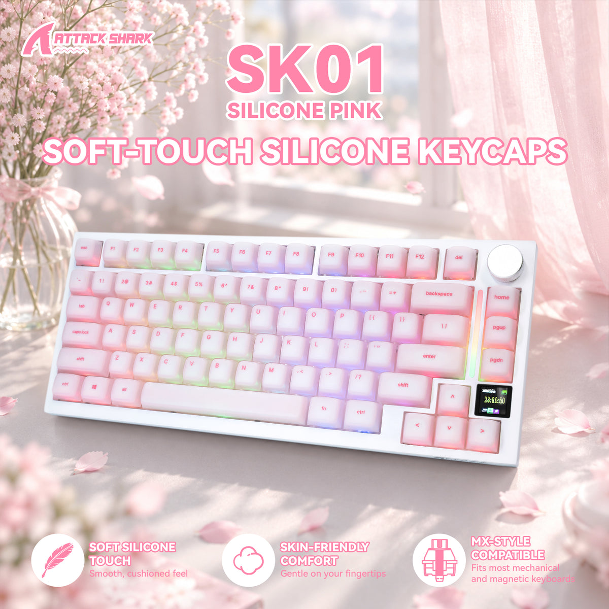 ATTACK SHARK SK01 113키 실리콘 키캡 세트, 체리 프로파일, ANSI, 핑크