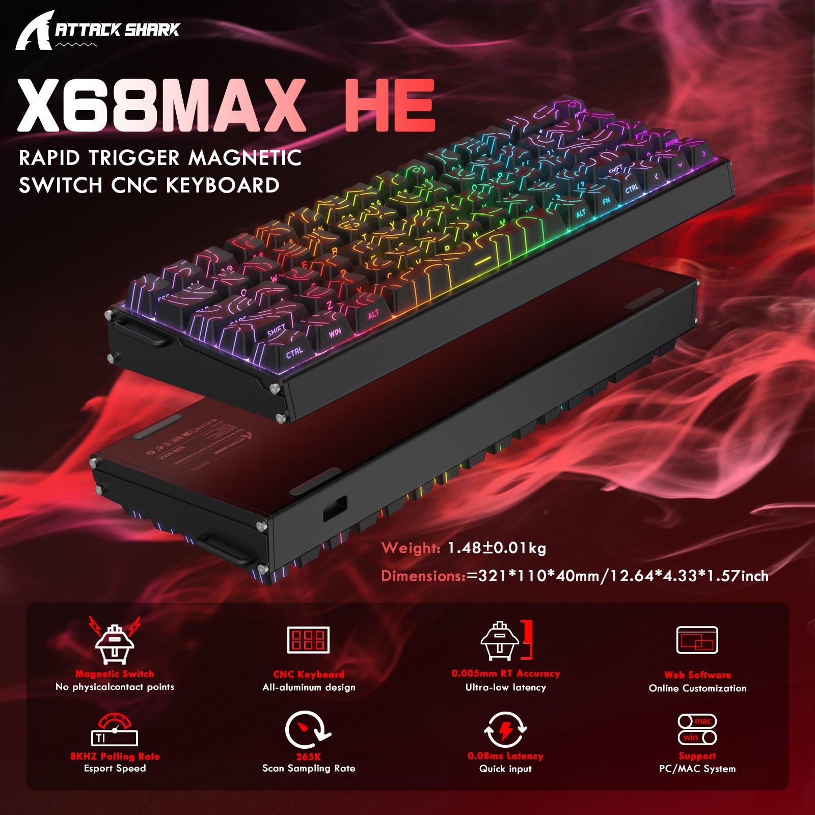 ATTACK SHARK X68MAX HE 래피드 트리거 CNC 알루미늄 키보드 마그네틱 스위치 C01Ultra RGB 코일 케이블 포함